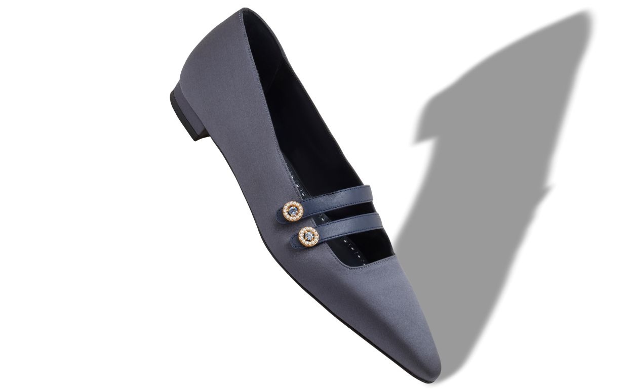 Navy Blue Satin Embellished Flat Pumps - 2