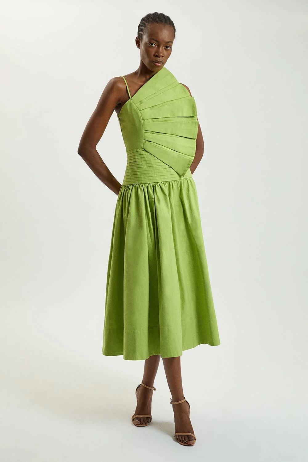 Cotton Poplin 3D Pleat Detail Woven Midi Dress - 1