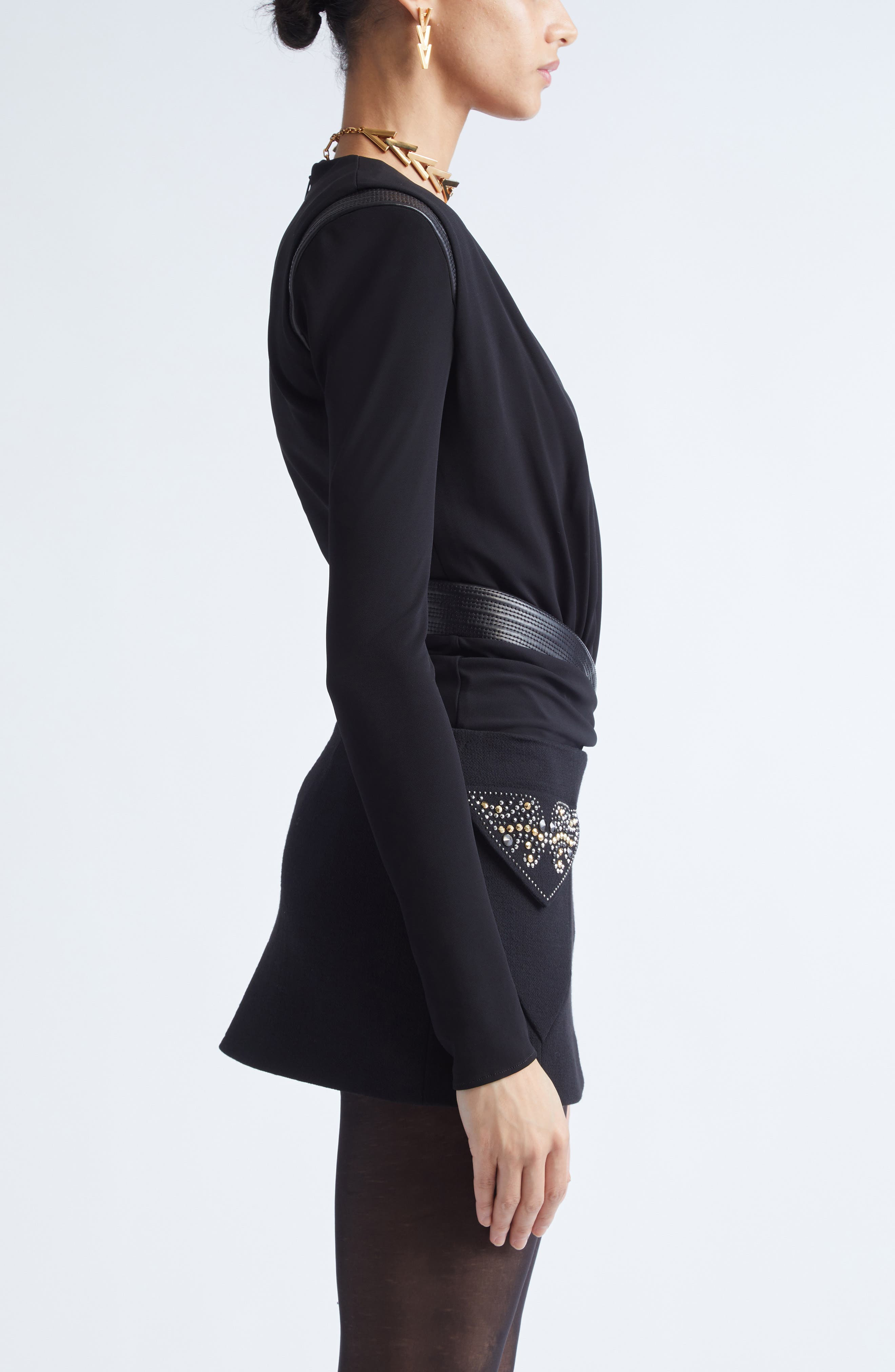 Versace Long Sleeve Jersey Faux Wrap Bodysuit in Black at Nordstrom - 4