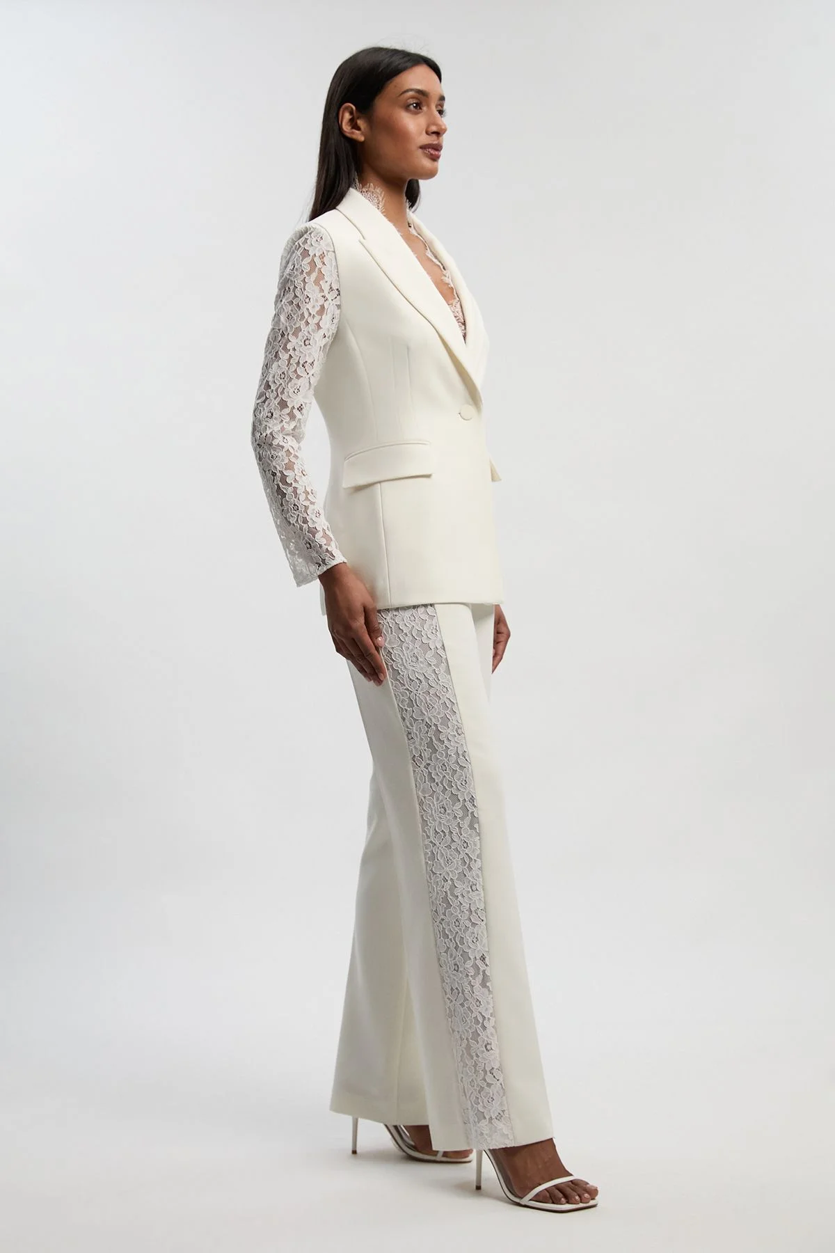 Compact Stretch Lace Mix Tailored Wide Leg Trouser - 1