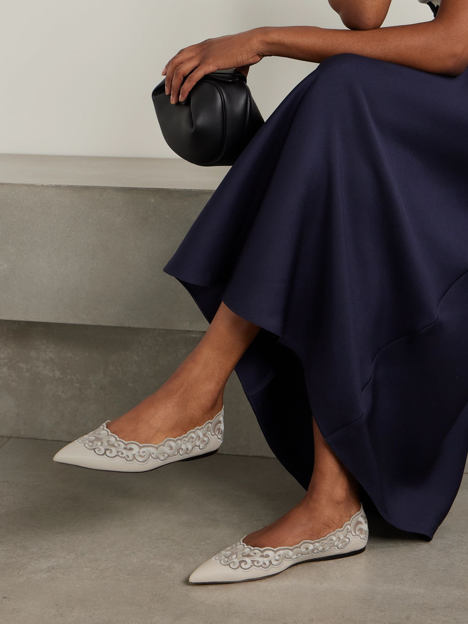 Ziva leather and embroidered tulle point-toe flats Ivory - 2