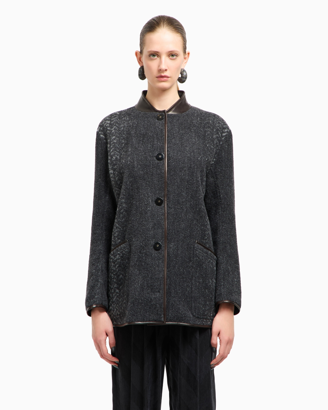 CHEVRON BOUCLÉ WOOL AND LEATHER PEA COAT - 4