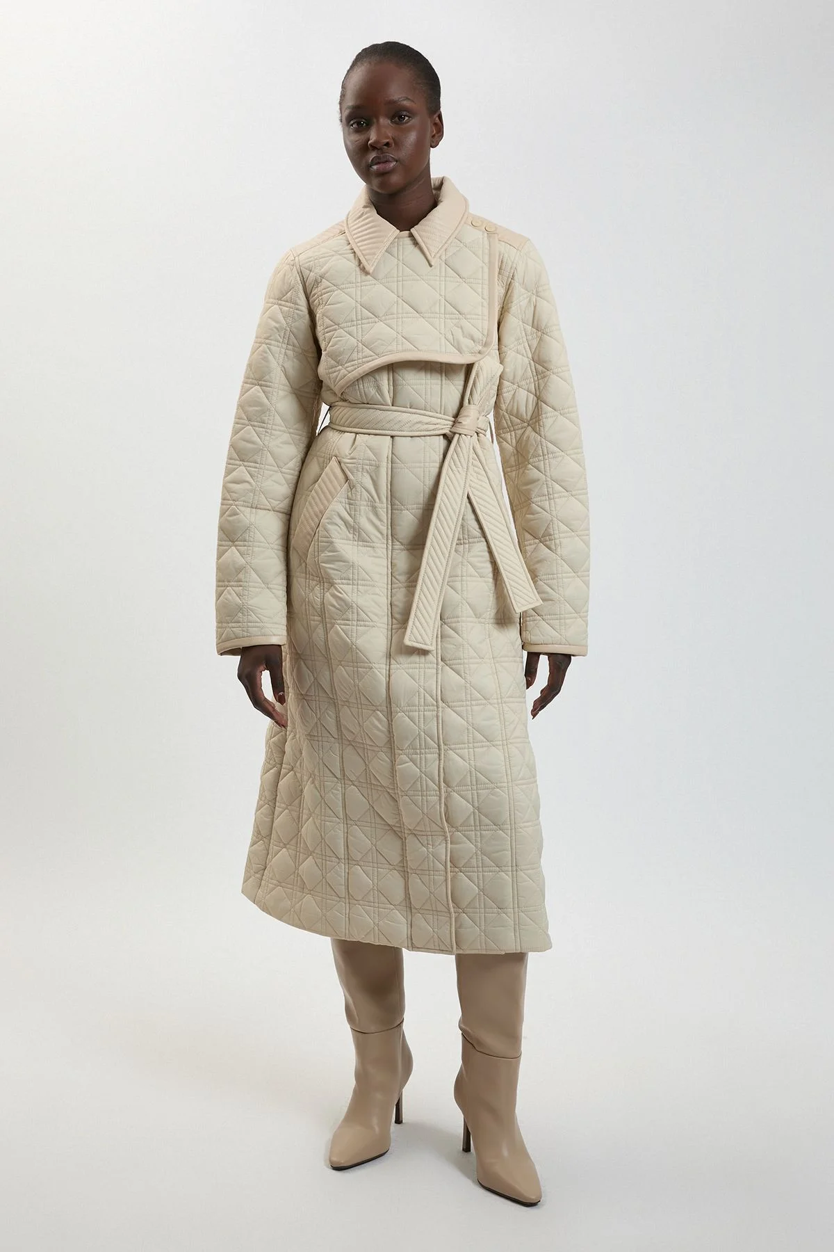 Quilted & PU Mix Belted Padded Midi Coat - 1