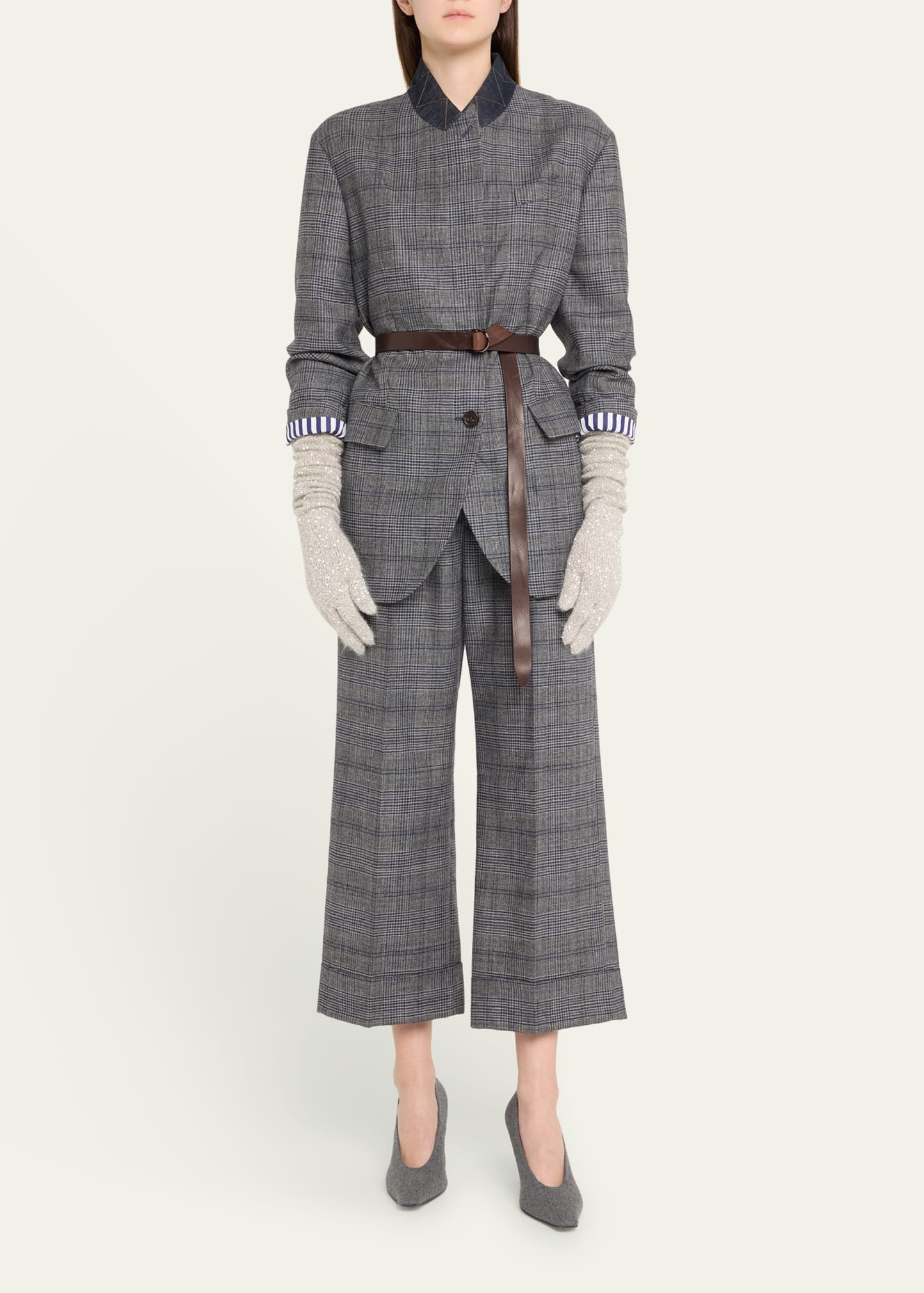 Pleated Wool Prince Of Wales Wide-Leg Crop Trousers - 2
