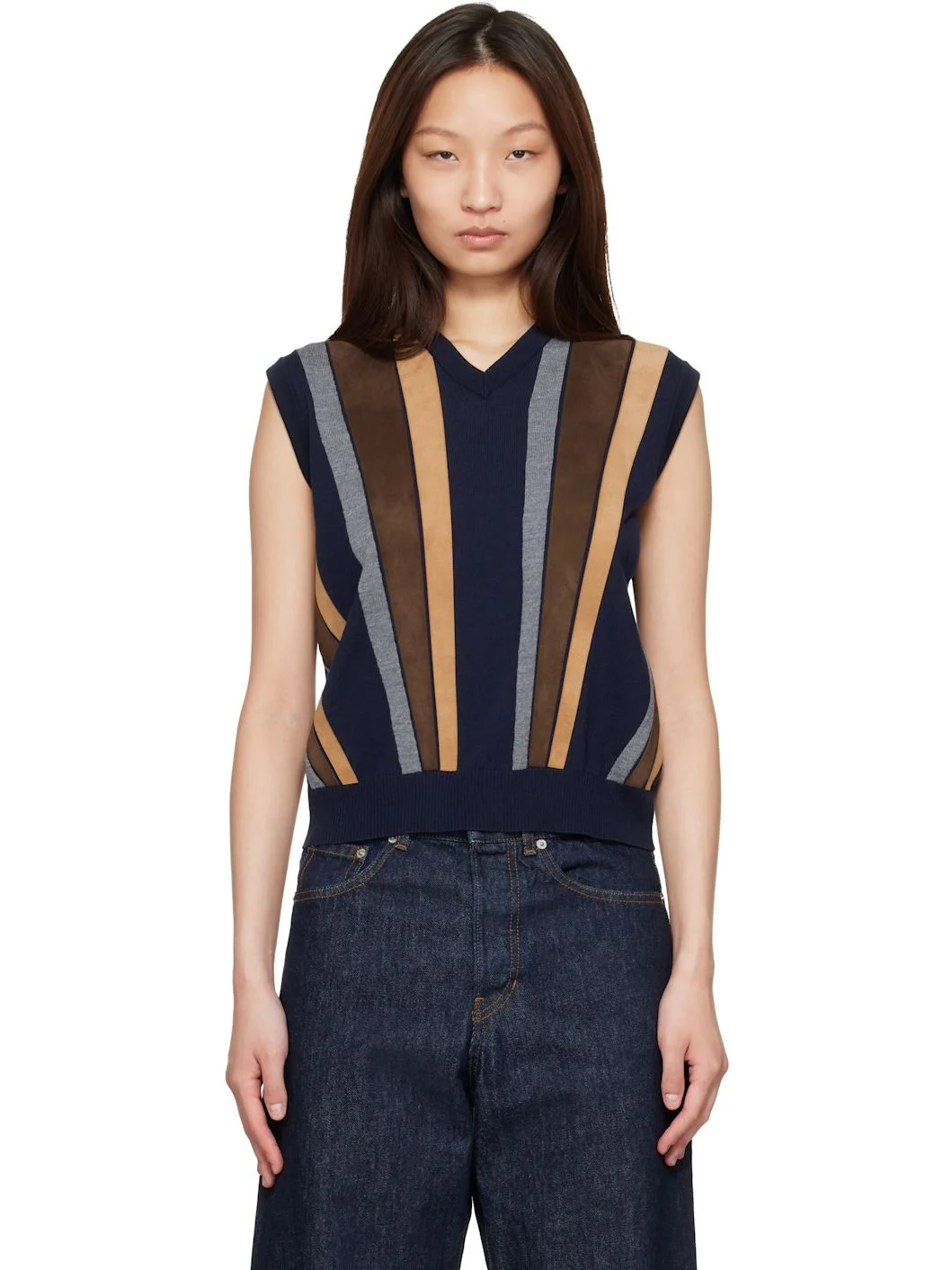 Navy Intarsia-Wool & Leather Patchwork Vest - 1