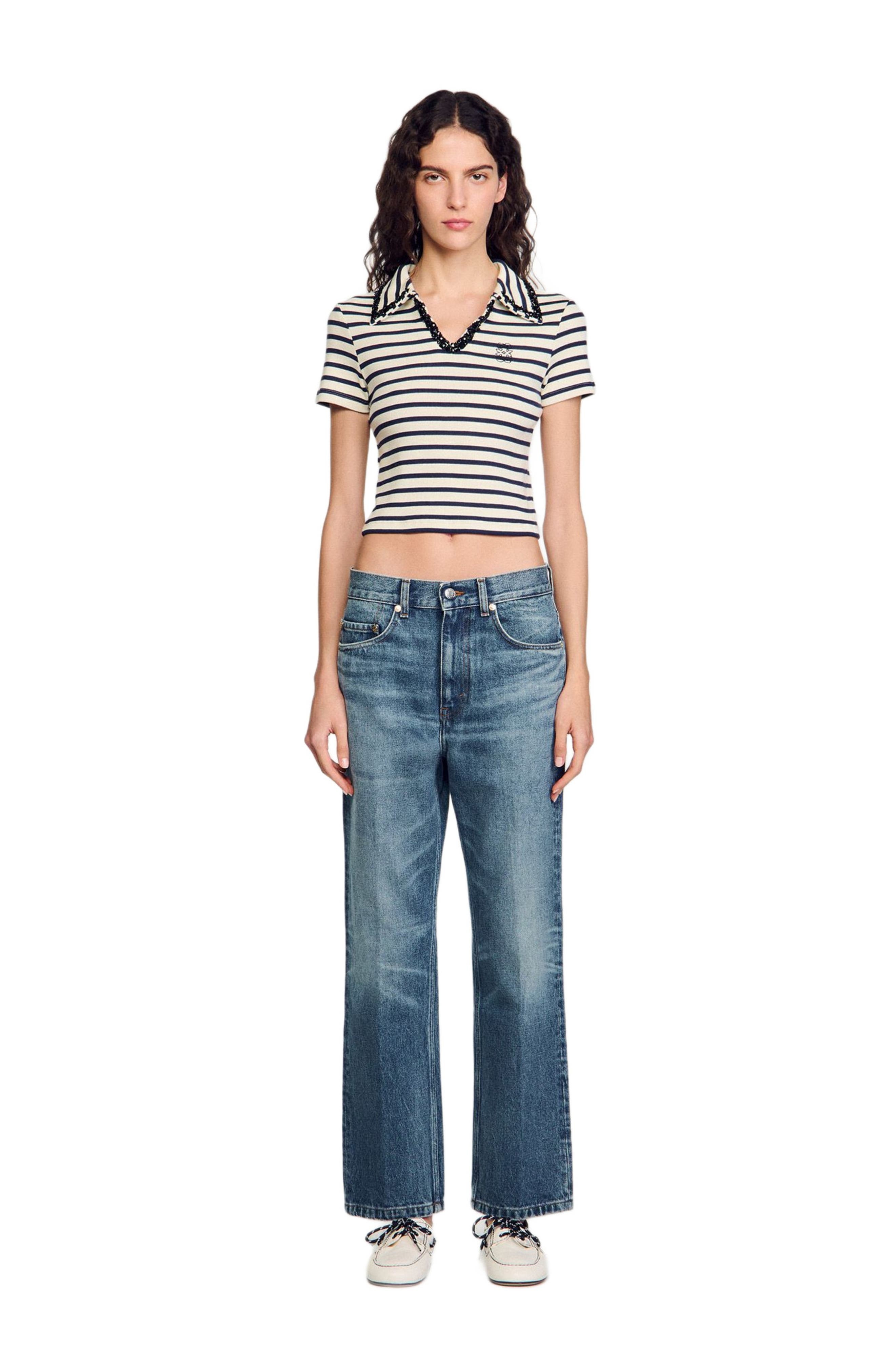 SANDRO Striped polo shirt in Ecru /Navy at Nordstrom - 1