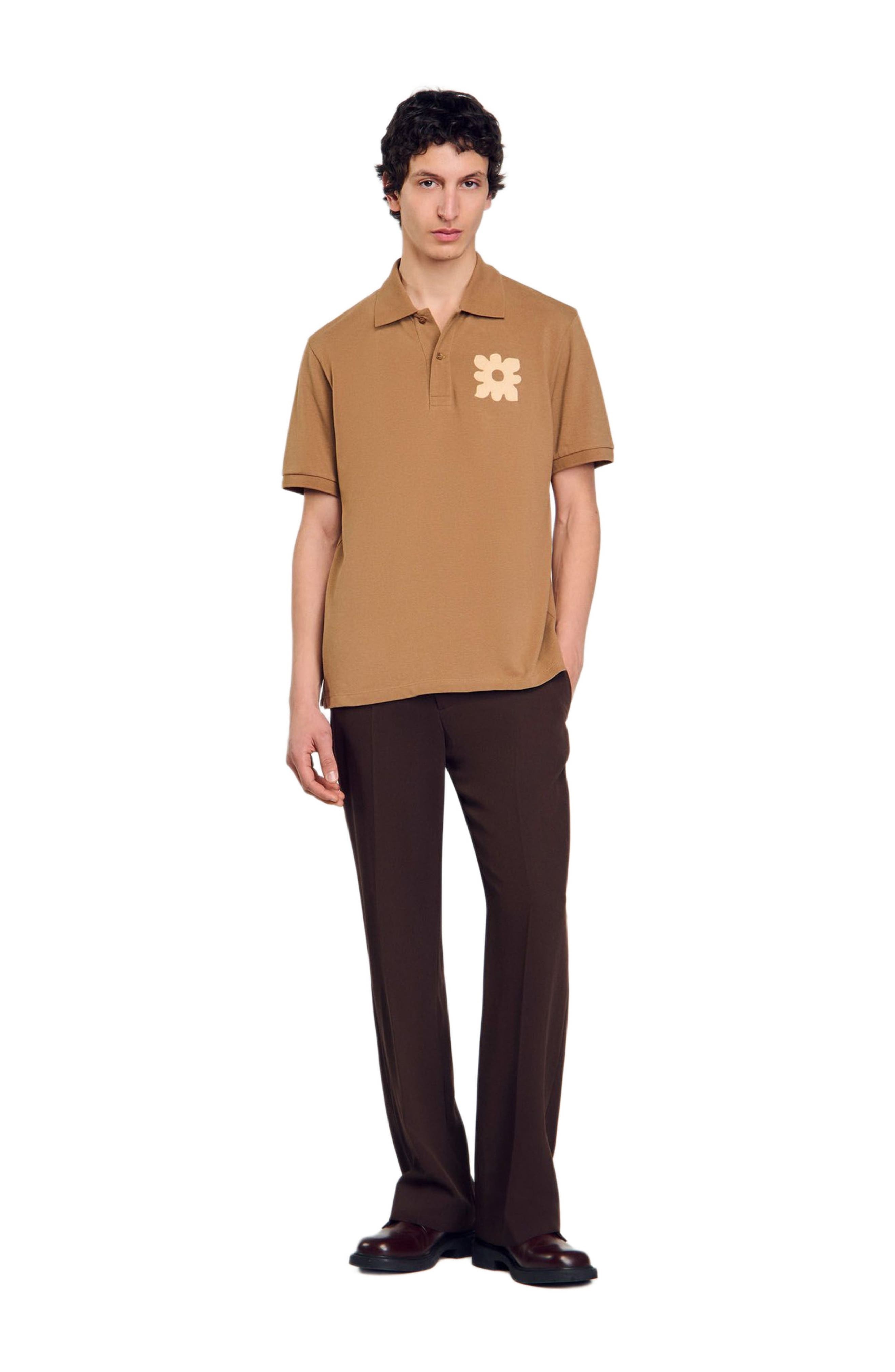 SANDRO Polo shirt with flower patch in Nut at Nordstrom - 6