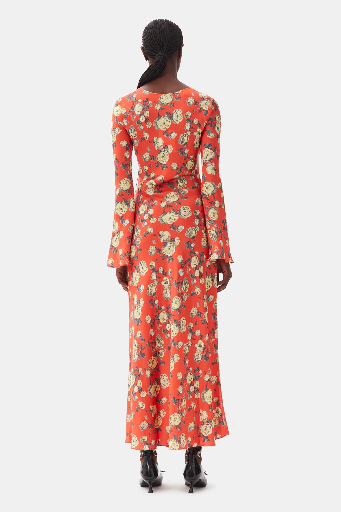 ORANGE FLORAL PRINTED SATIN MAXI DRESS - 5