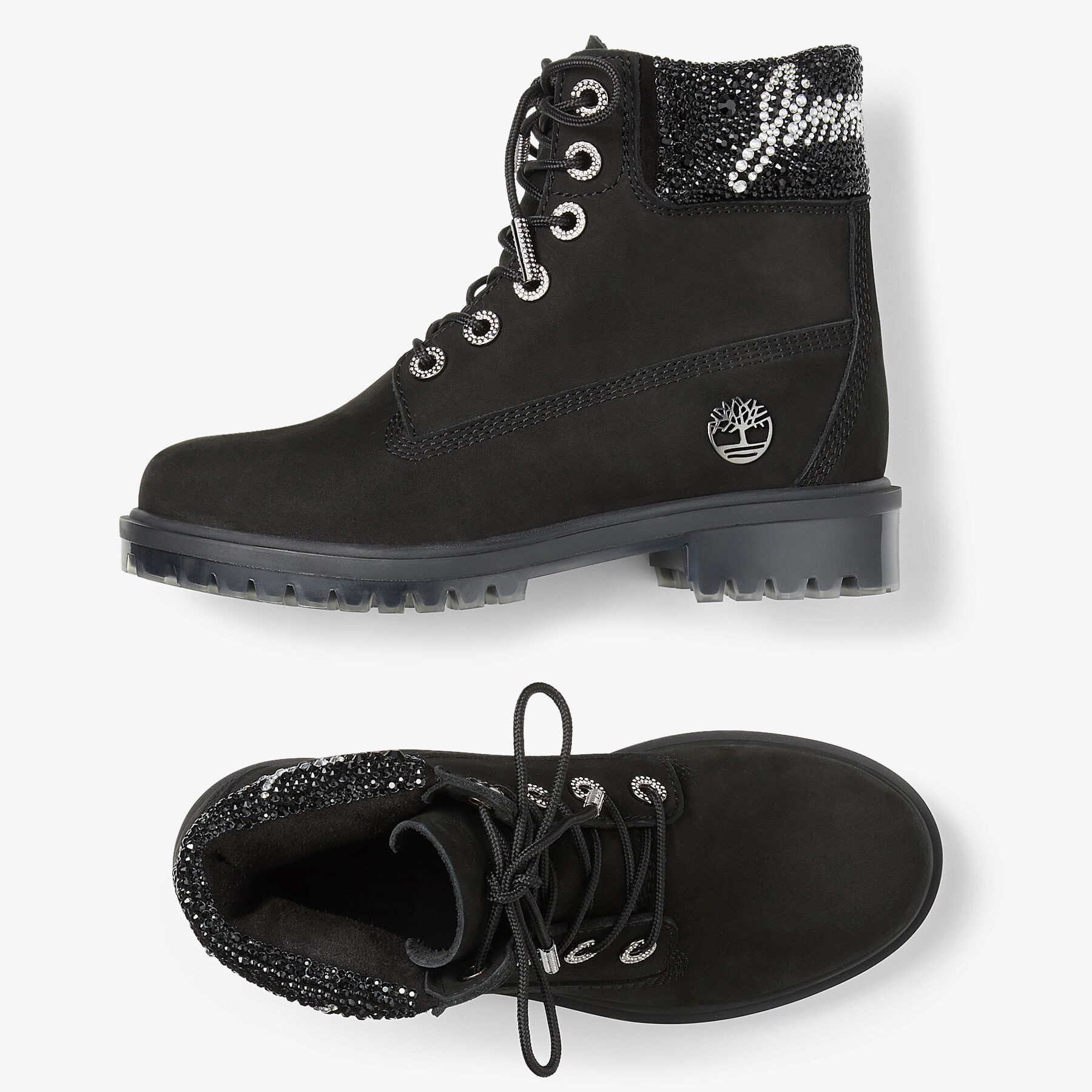 JIMMY CHOO X TIMBERLAND 6 INCH CRYSTAL CUFF BOOT
Black Timberland Nubuck Ankle Boots with Crystal Lo - 5