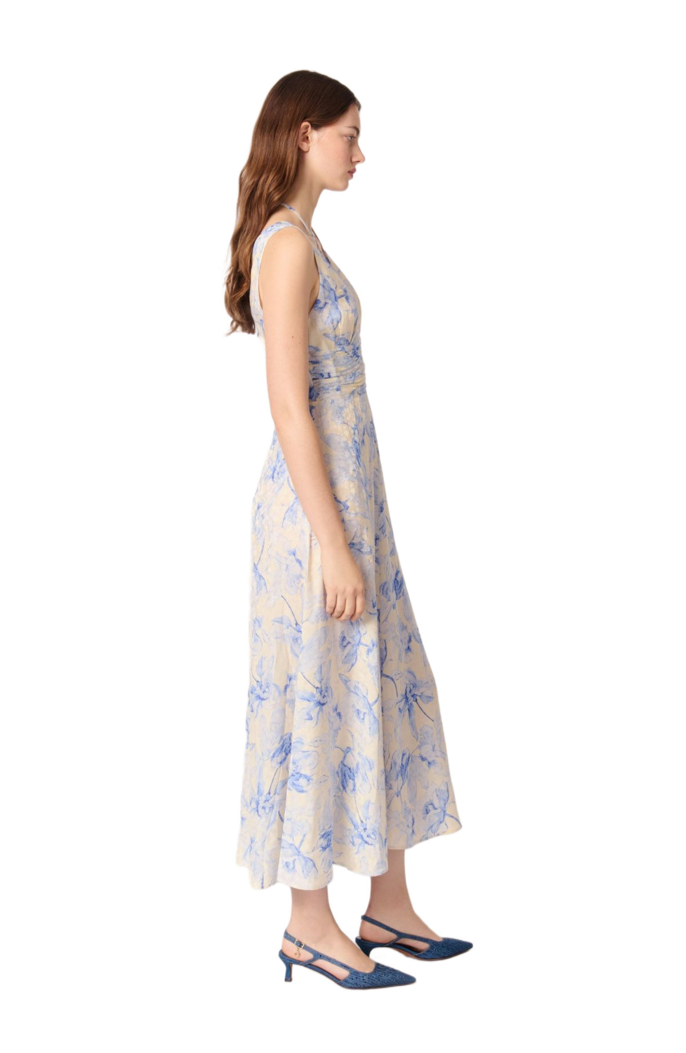 maje Patterned maxi dress with lacing in Blue Flower Print Ecru Base at Nordstrom - 3