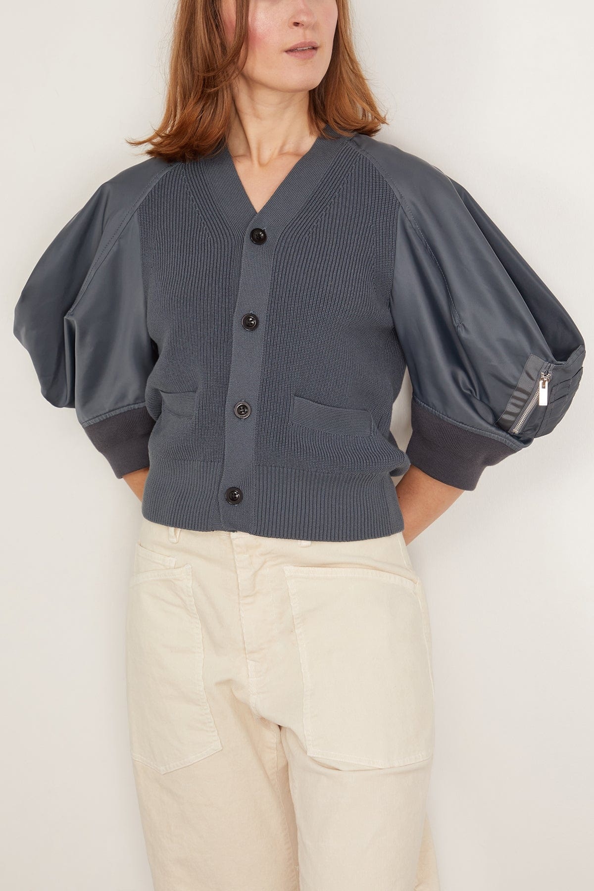 Nylon Twill and Knit Cardigan in Blue Gray - 3