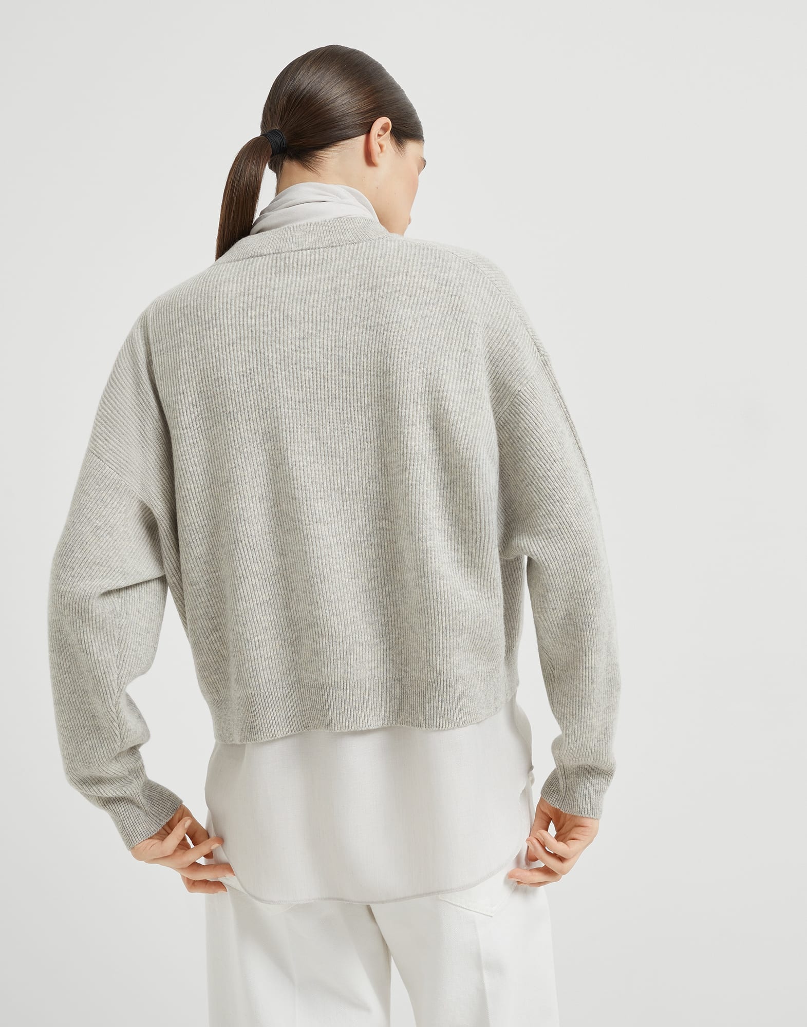 Cashmere English rib sweater with detachable pussybow blouse and monili - 2