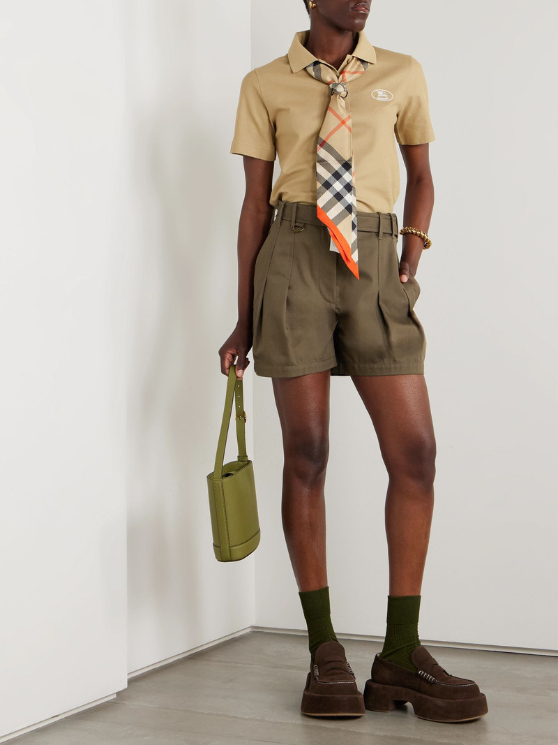 Burberry Belted embellished pleated cotton-gabardine shorts Army green outlook