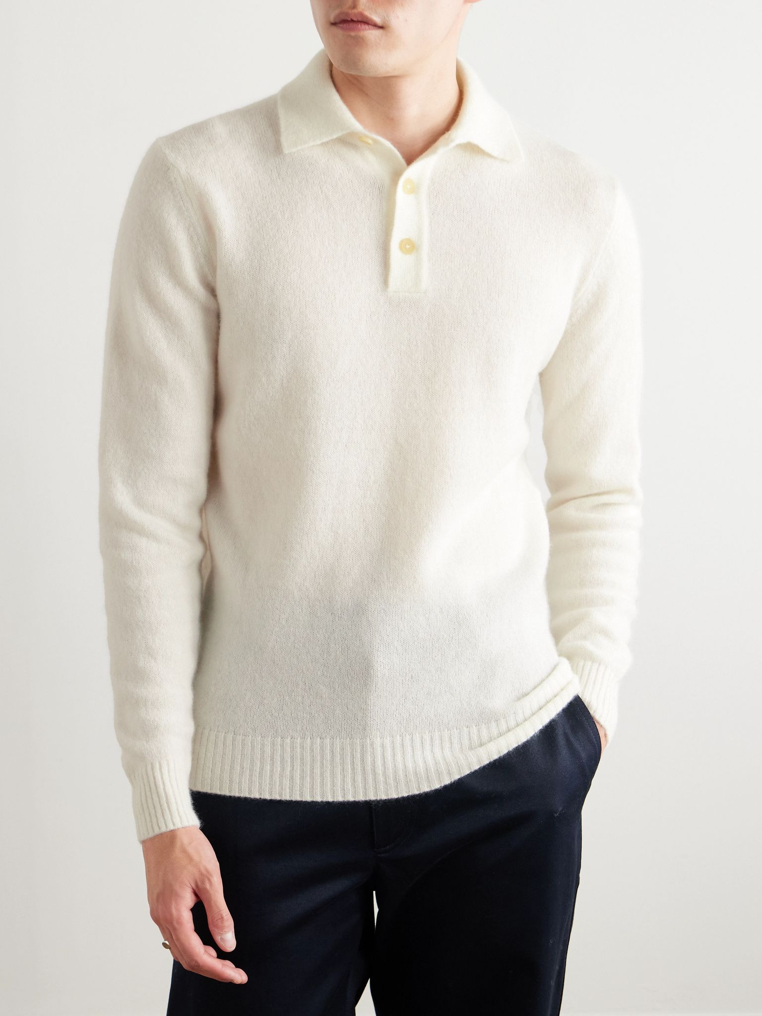 Brushed Cashmere-Blend Polo Shirt Cream - 3