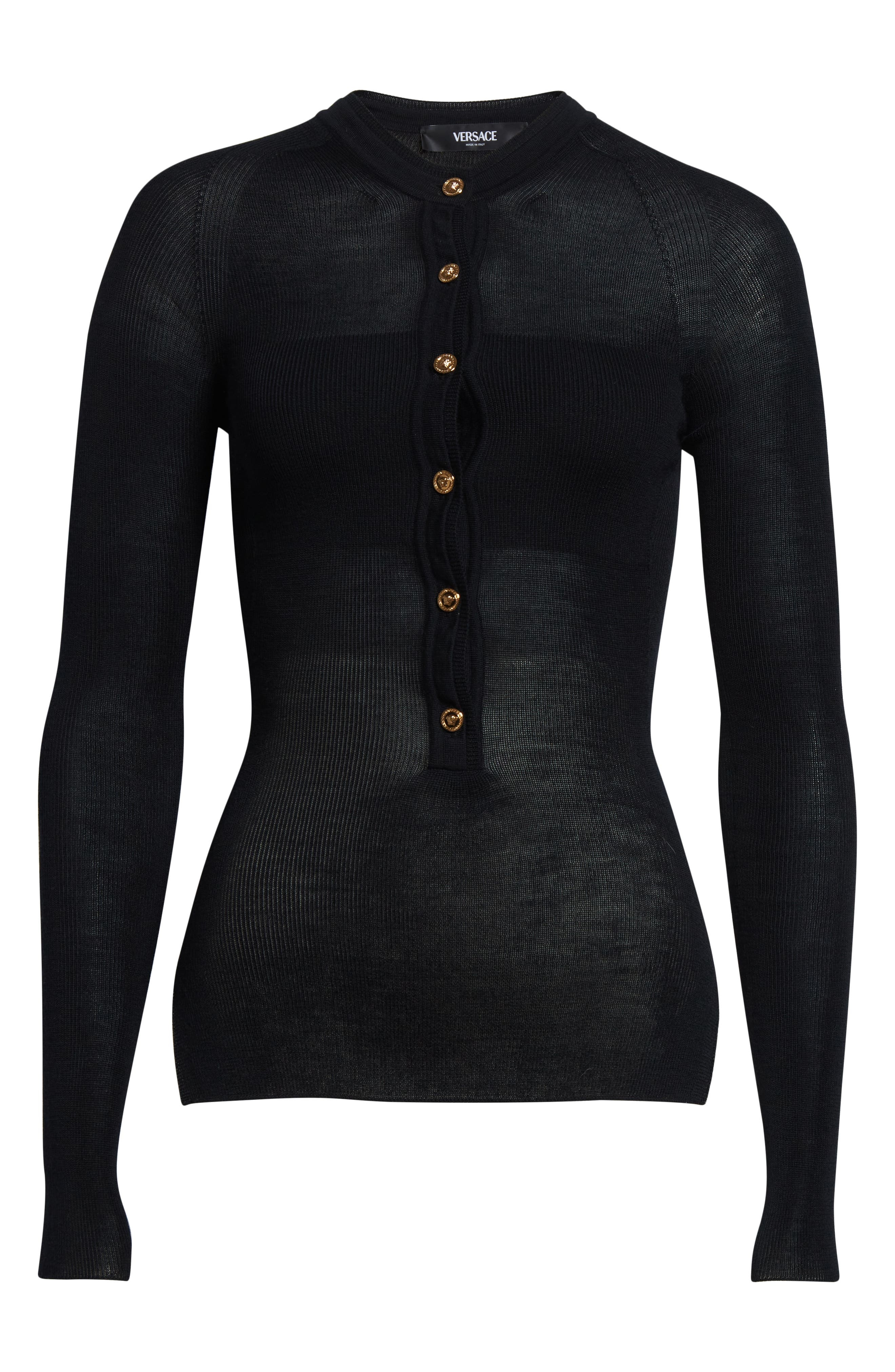 Versace Seamless Virgin Merino Wool Blend Rib Henley Sweater in Black at Nordstrom - 5
