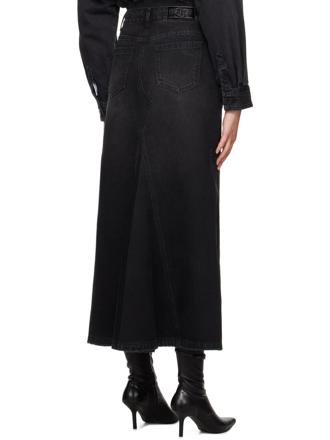 Black Faded Denim Maxi Skirt - 3