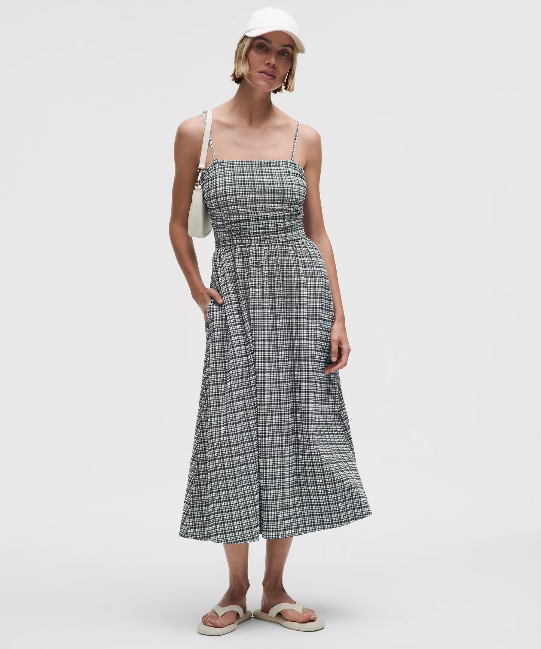 Seersucker Check Ruched Midi Dress - 1