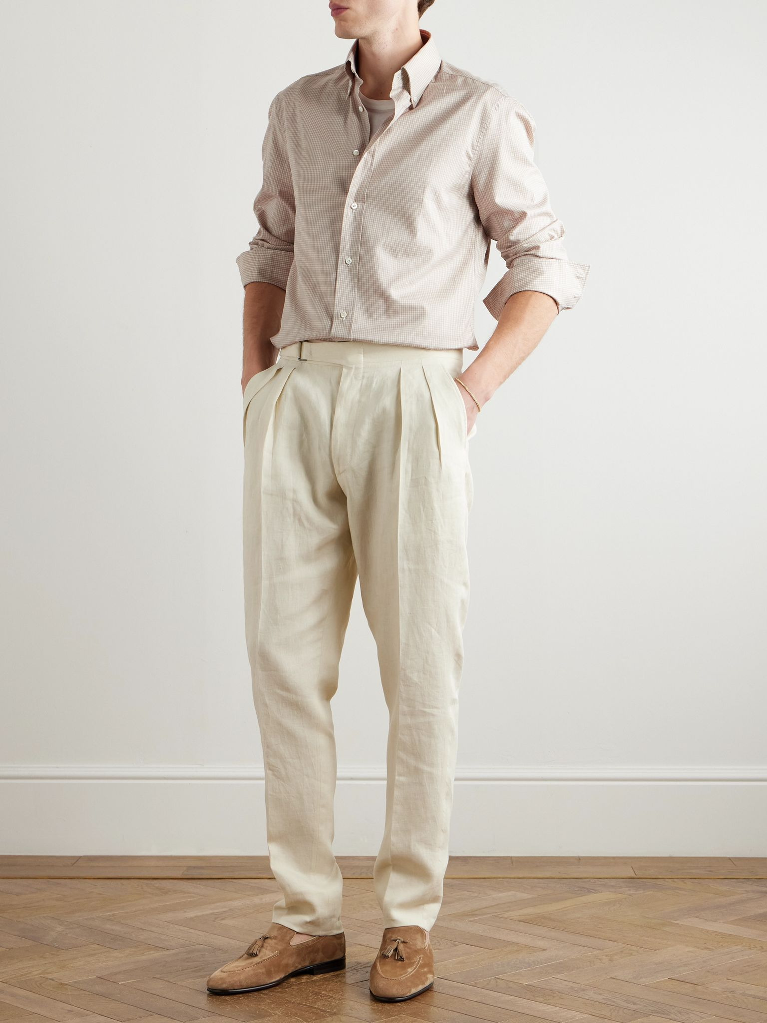 Slim-Fit Button-Down Collar Checked Cotton Shirt Beige - 2