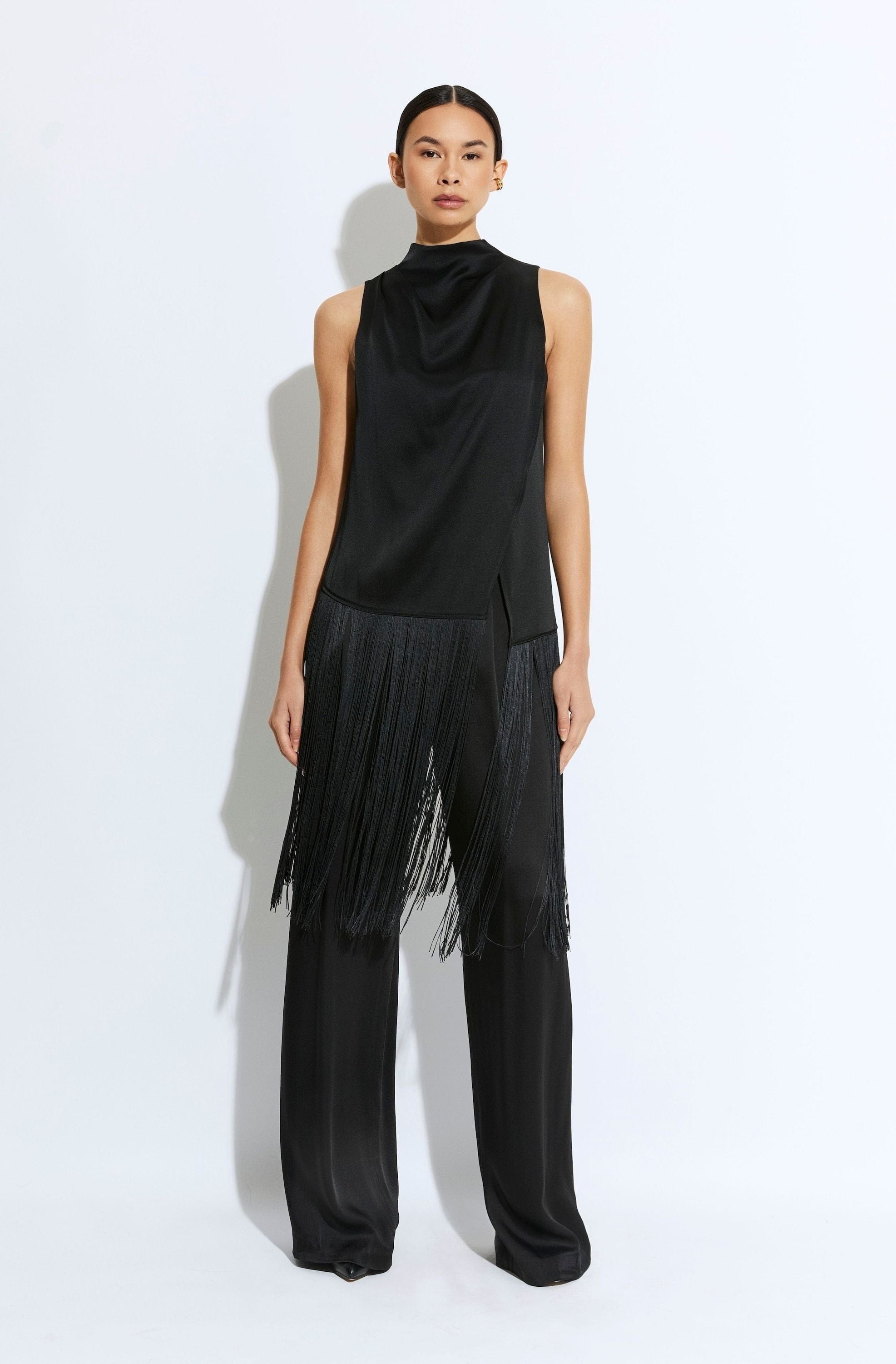 Satin Cowl Neck Fringe Top - 2