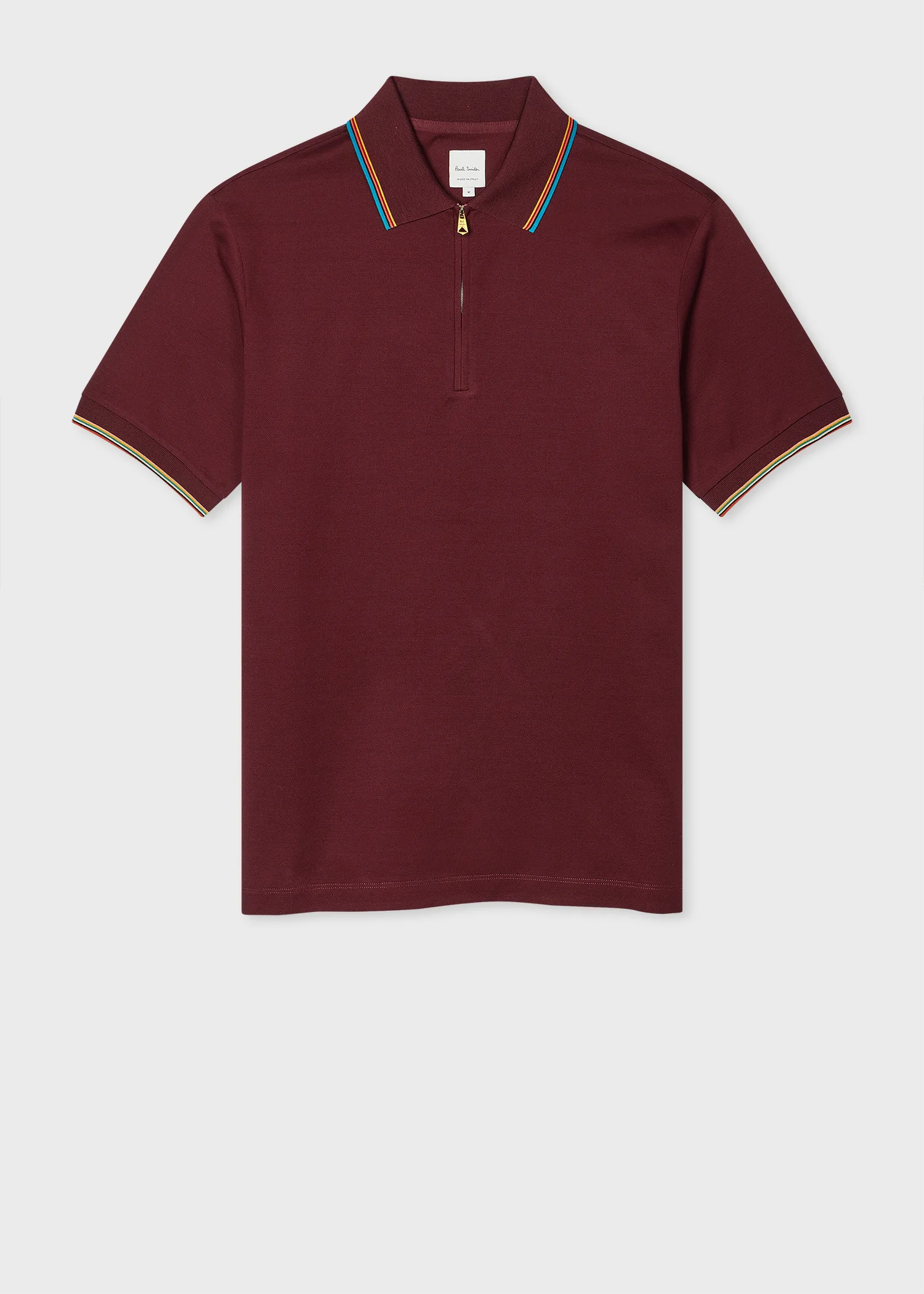 Burgundy Cotton 'Signature Stripe' Trim Zip Polo Shirt - 1