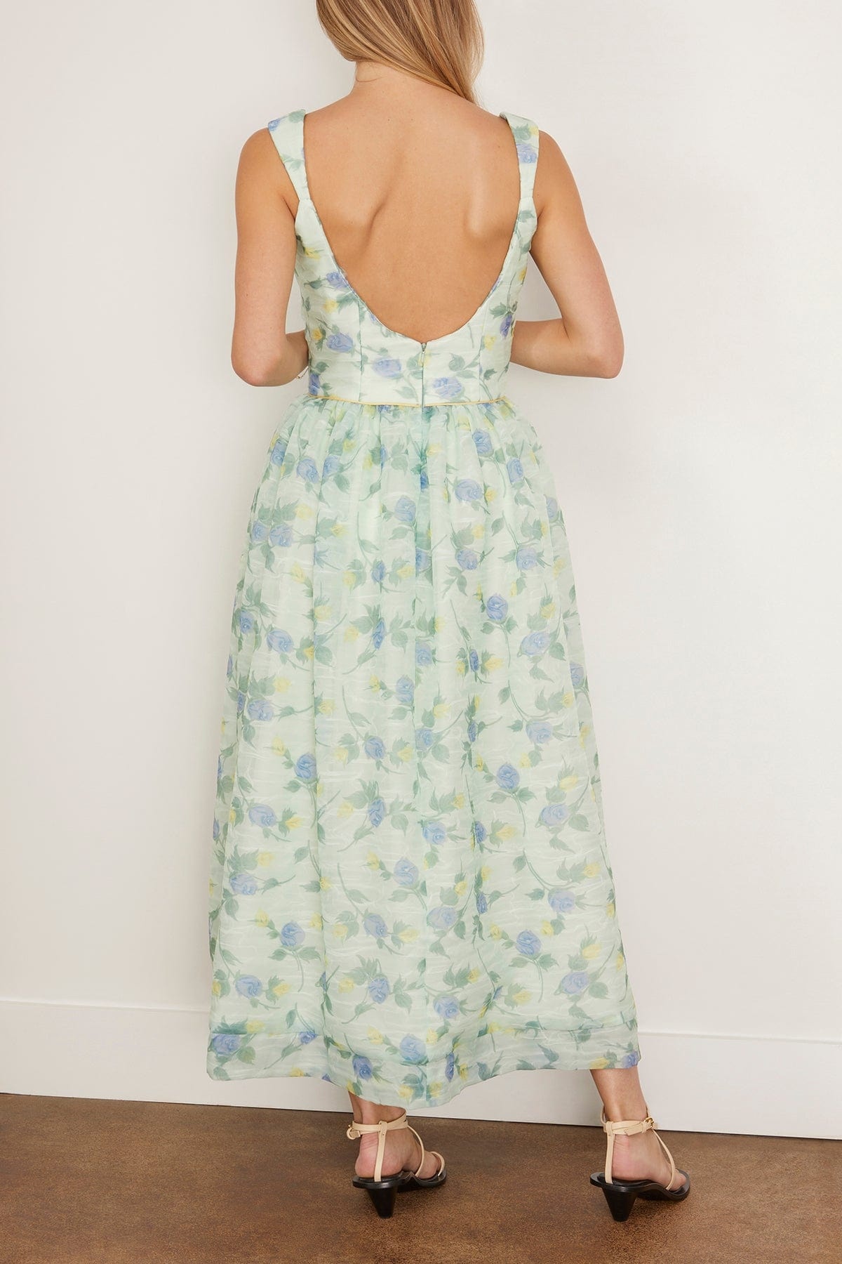 Apple Corset Midi Dress in Blue and Green Floral Organza - 4