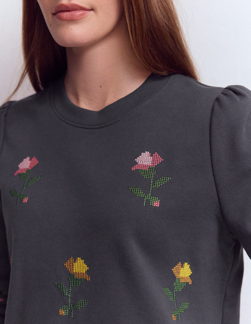 Puff Sleeve Embroidered Sweat-Cross Stitch Flower Embroidery 3