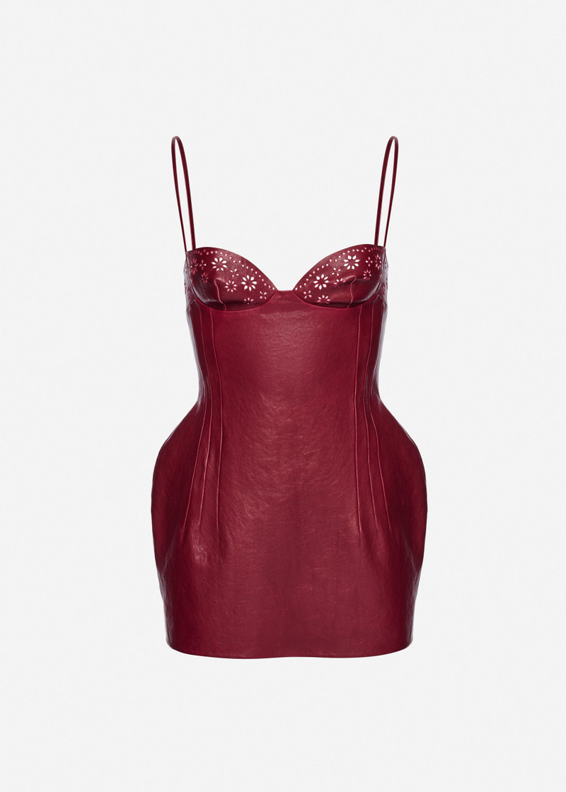 Floral detailing leather mini dress in cherry red 1