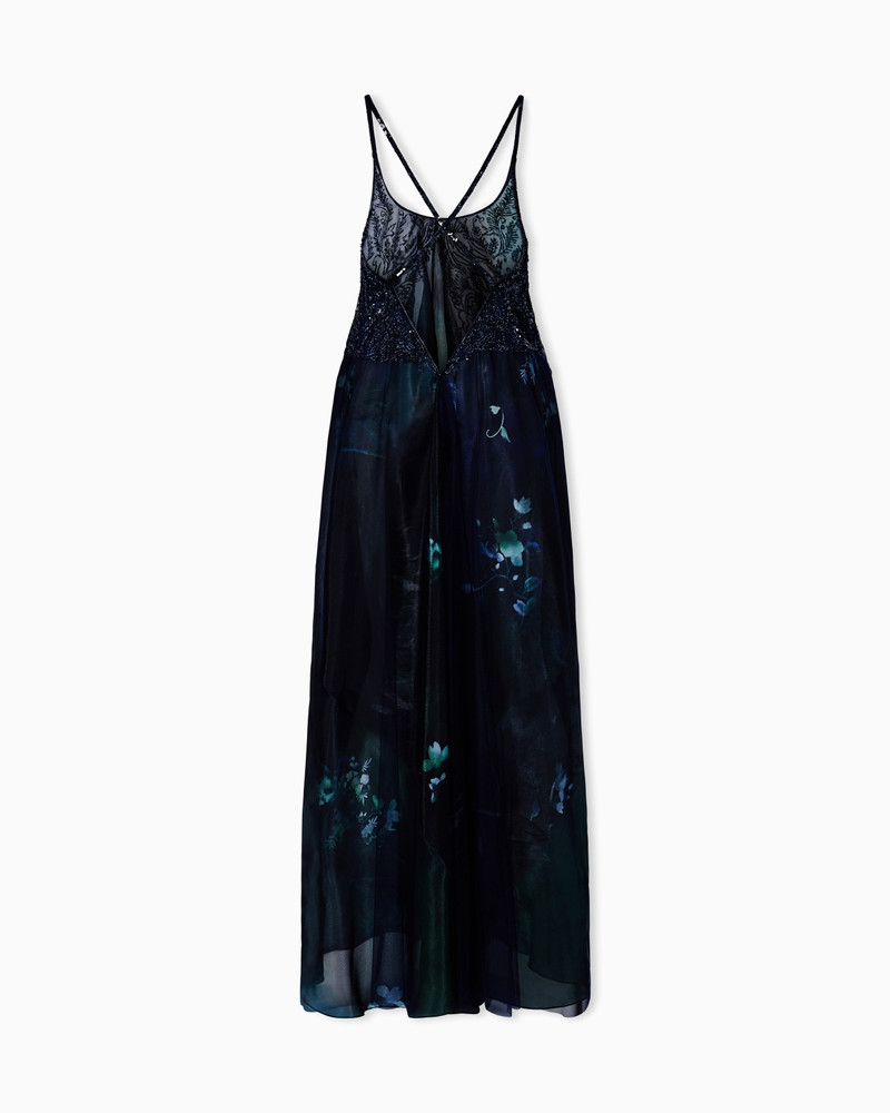 LONG DRESS IN EMBROIDERED FABRIC AND PRINTED SILK 3