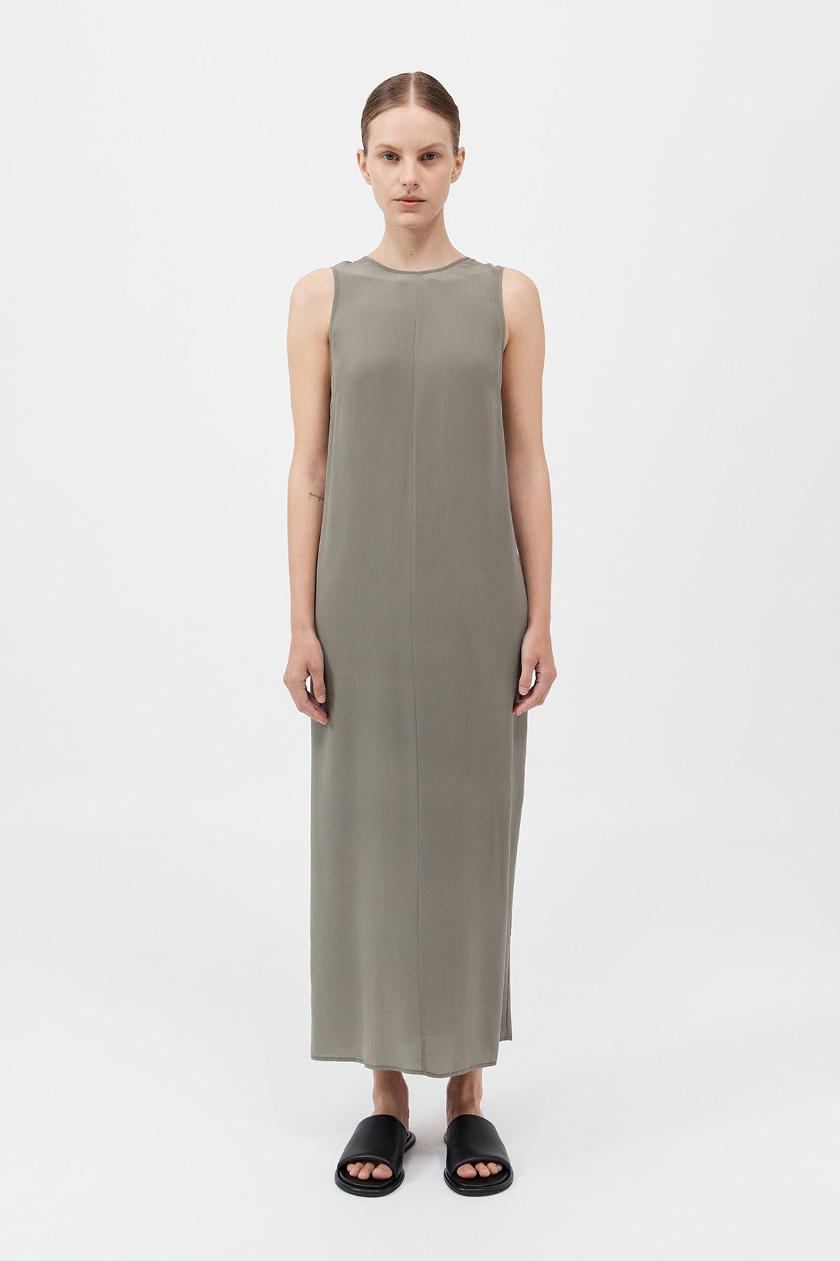 Drawstring Silk Dress - Smokey Olive - 2