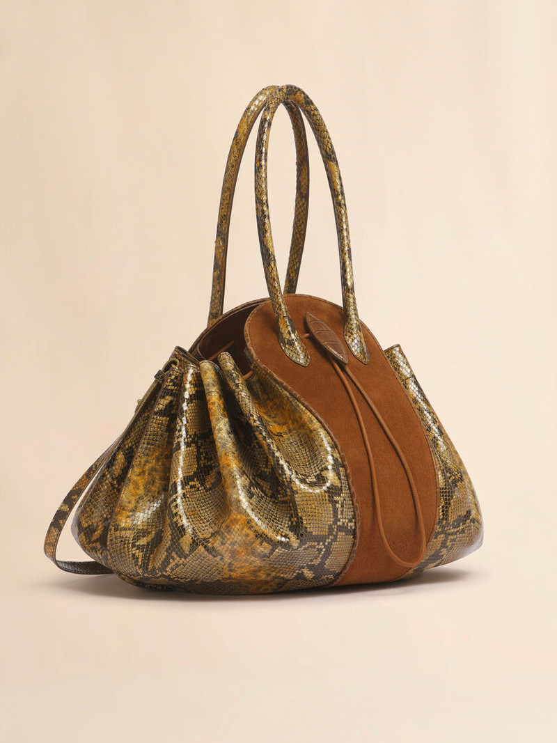 BROWN SUEDE AND PYTHON-PRINT LEATHER TULIPEA LARGE HANDBAG 3