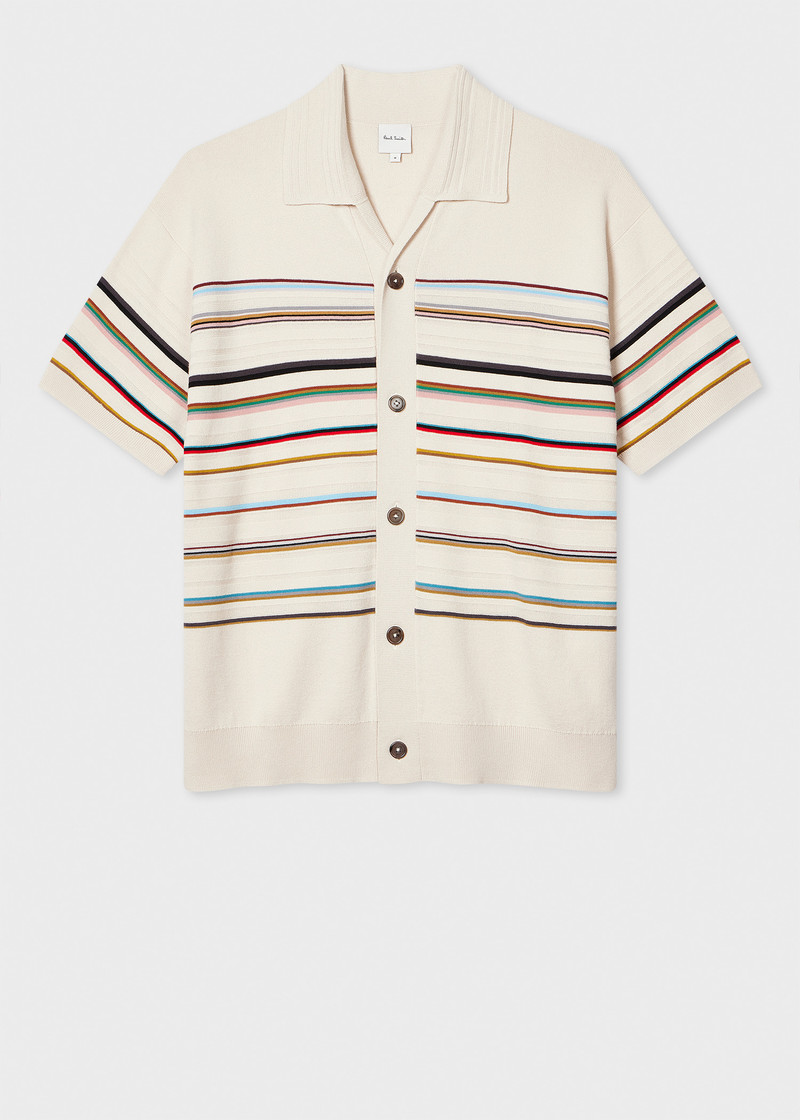 Ecru 'Signature Stripe' Knitted Cotton Short-Sleeve Shirt 1