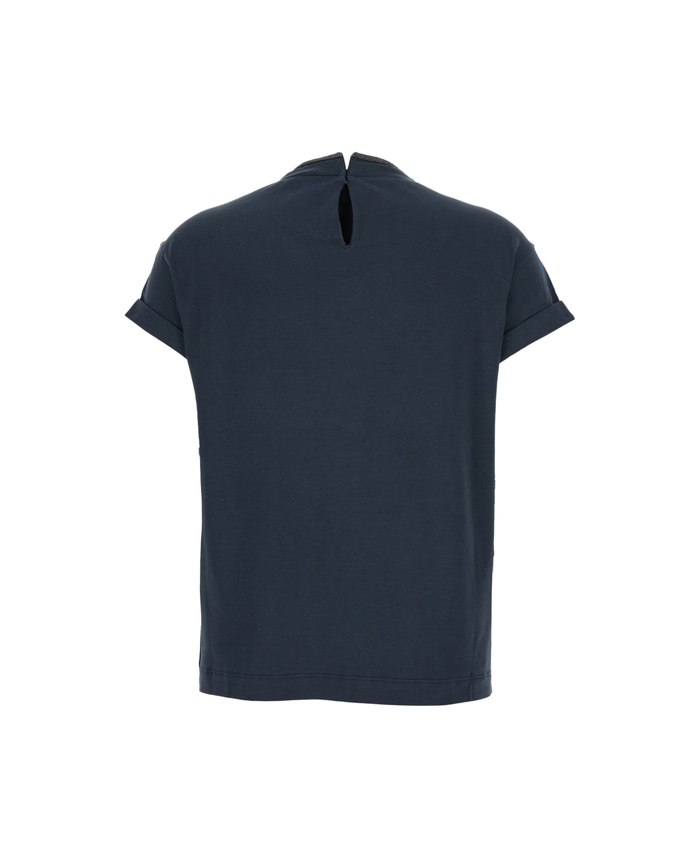 Blue Crewneck T-shirt With Monil Detail On The Collar And Rear Cut-out In Cotton Stretch Woman - 2