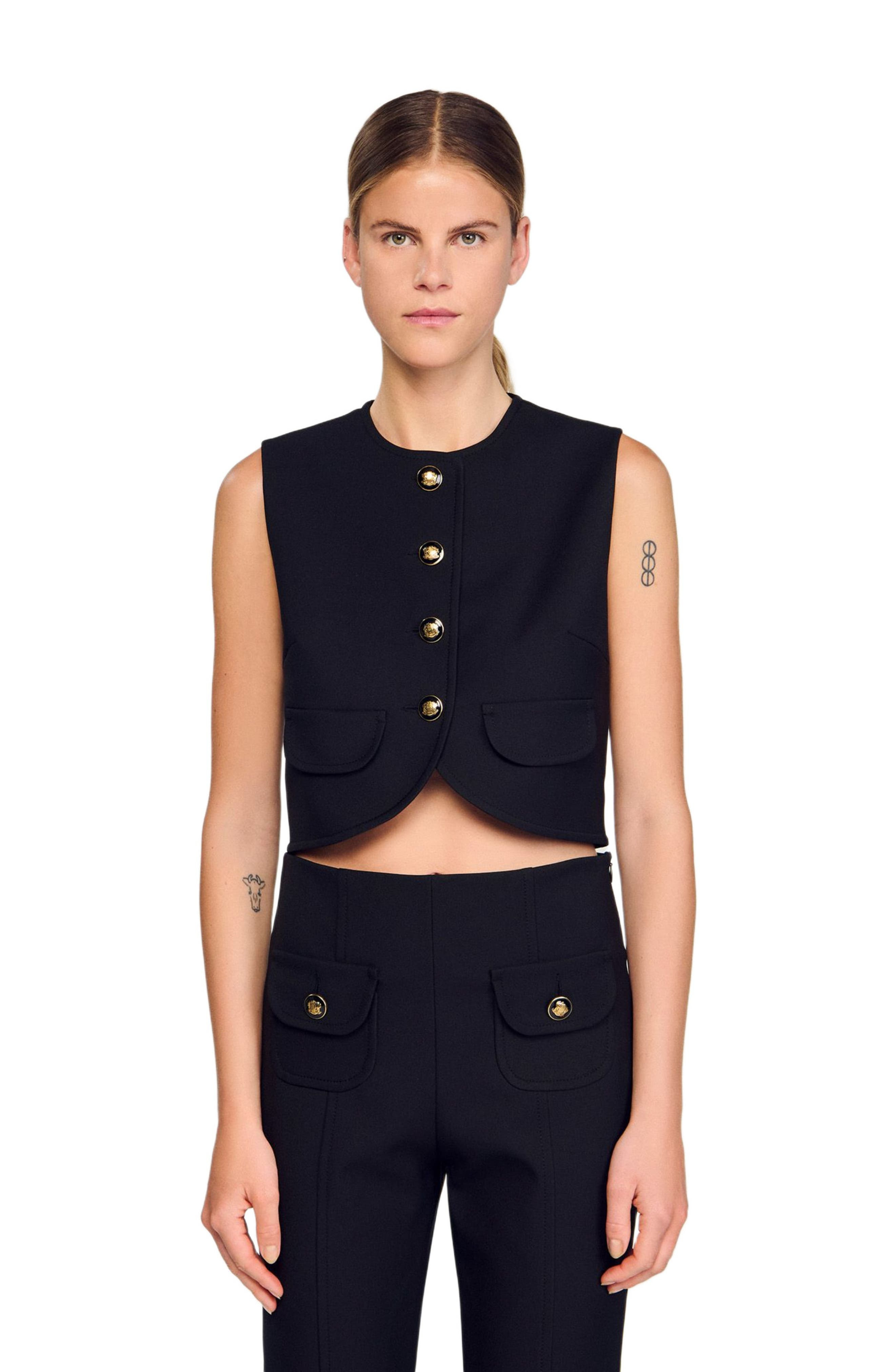 SANDRO Decorative buttoned crop top in Black at Nordstrom - 4