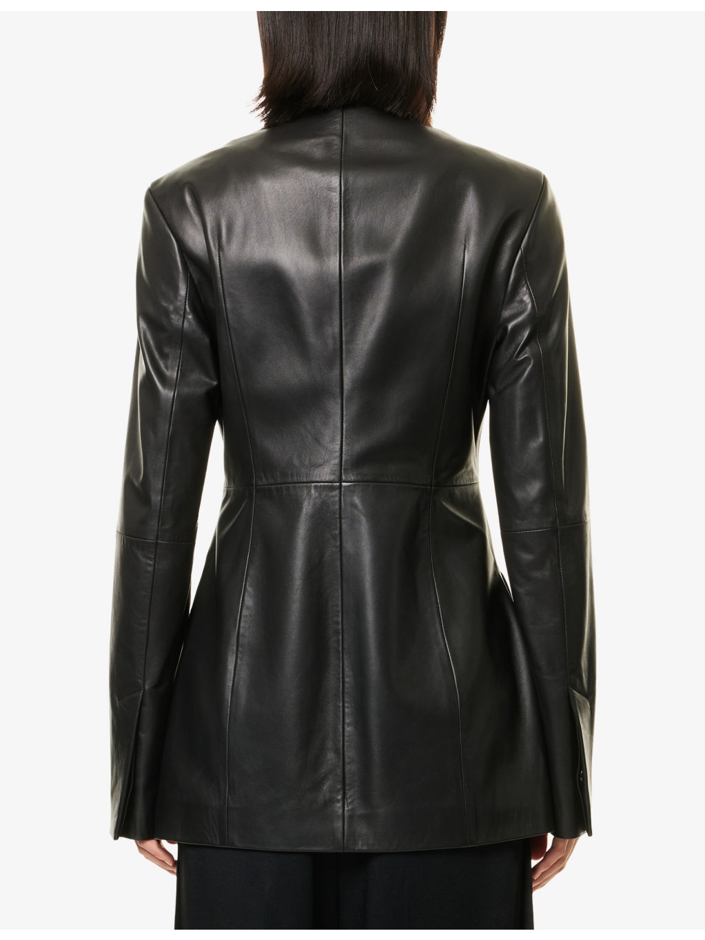 Collar-Less Long Leather Jacket - 4