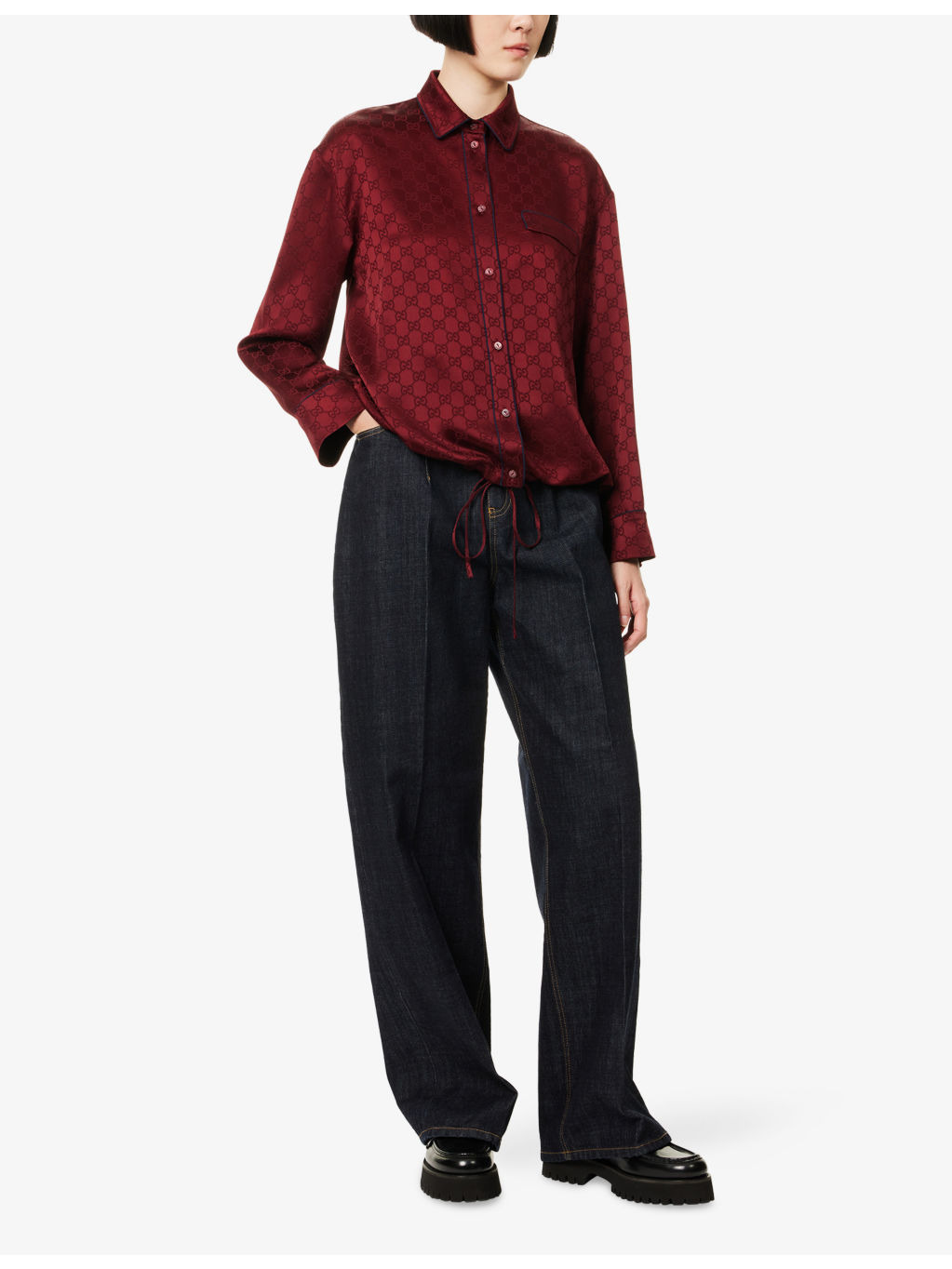 Monogram-Pattern Drawstring-Hem Satin Shirt - 2