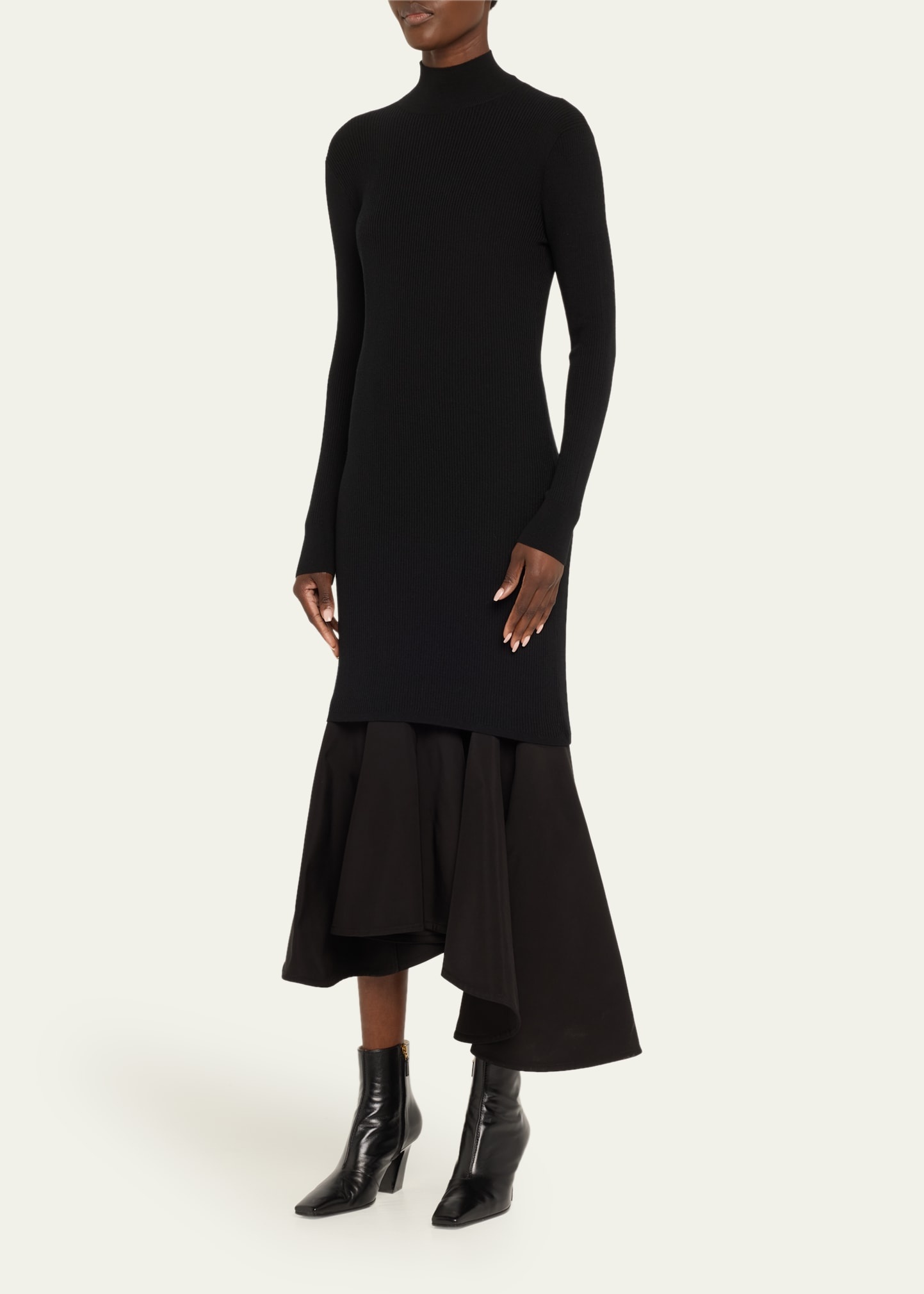 Asymmetric Mixed-Media Turtleneck Midi Dress - 4