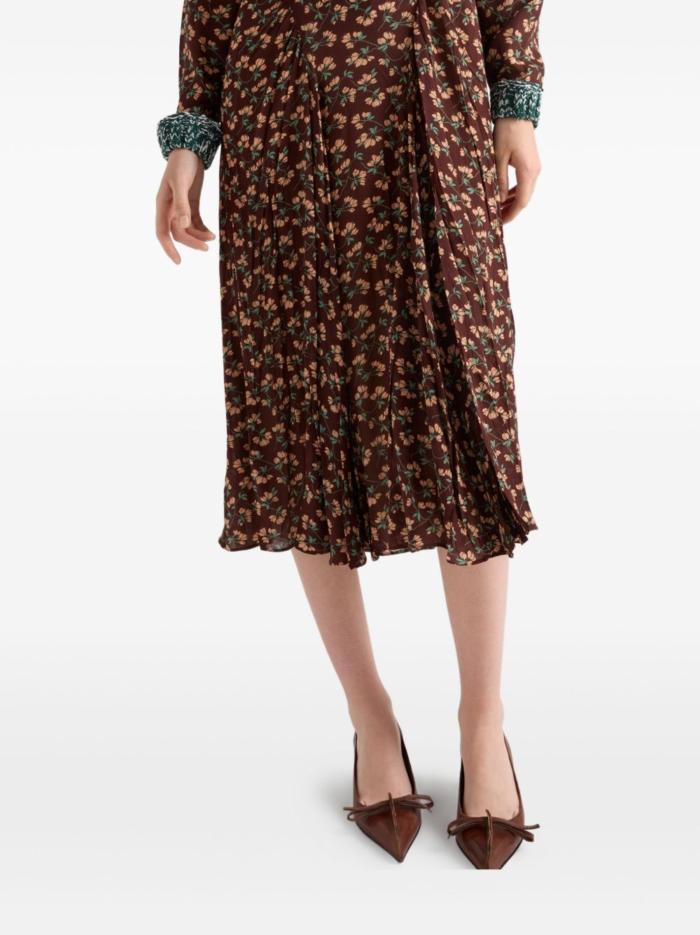 floral-print pleated knit-trim midi dress - 5