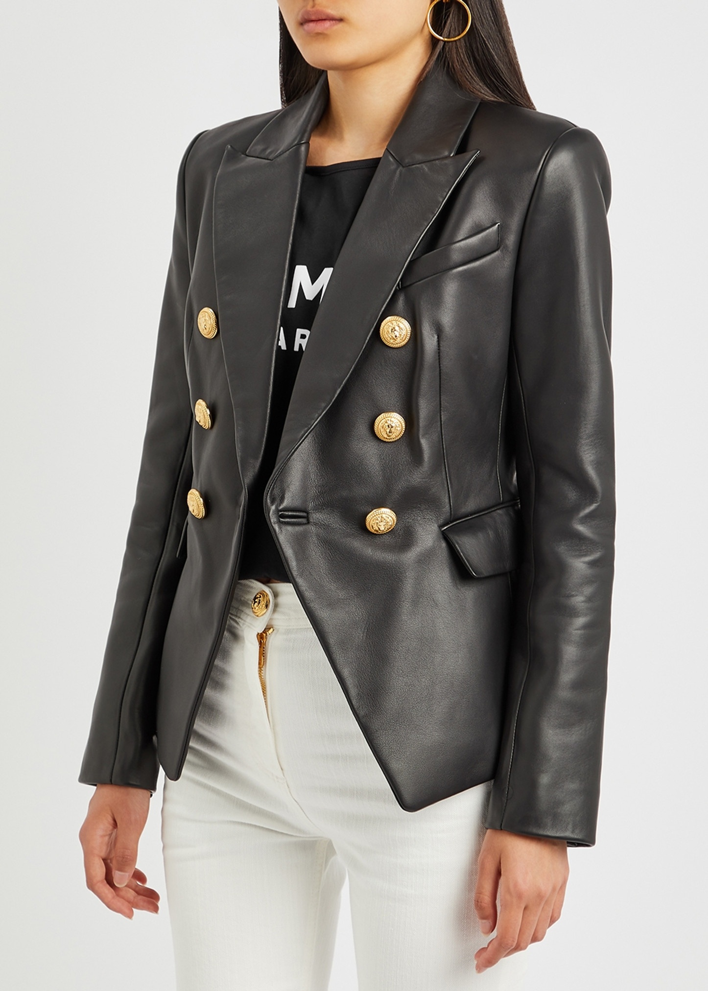 Black double-breasted leather blazer - 2