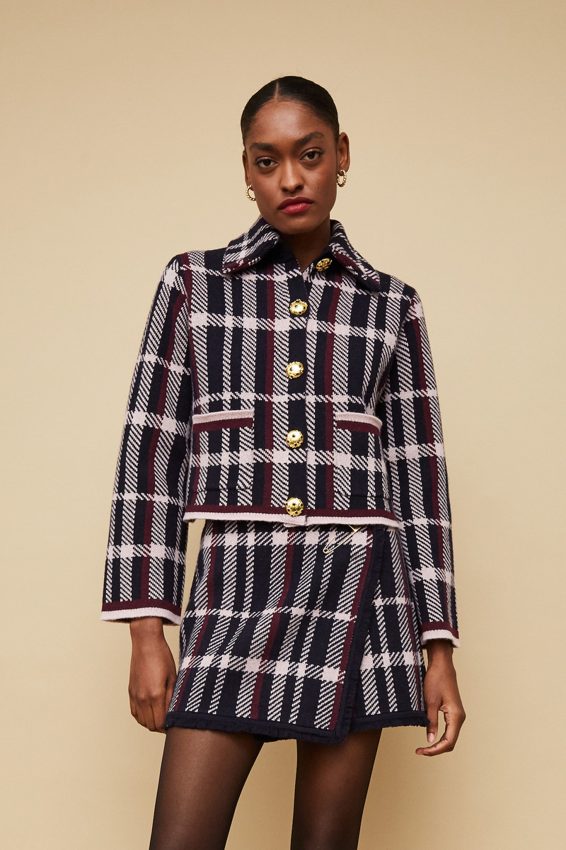 Cara Cara Delilah Cardigan
Boxy and Bold in Plaid Jacquard and Gilded Detail outlook