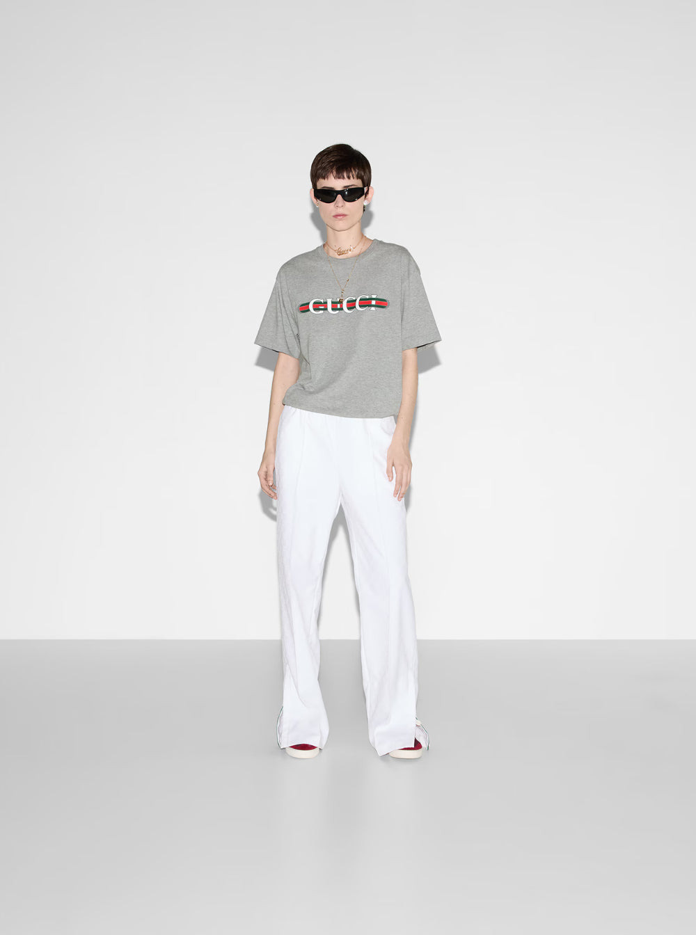 Gucci Women Grey Crewneck T-Shirt With Logo Lettering And Web Detail On The Front In Cotton Woman - 4