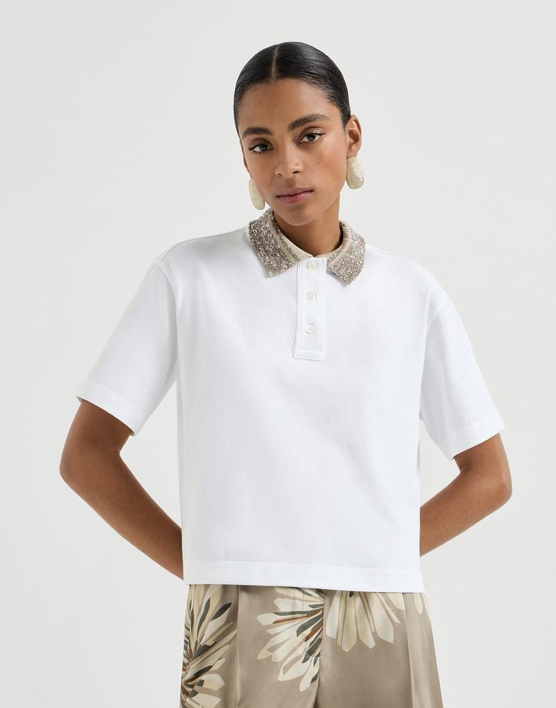 Cotton jersey polo shirt with dazzling knit collar 2