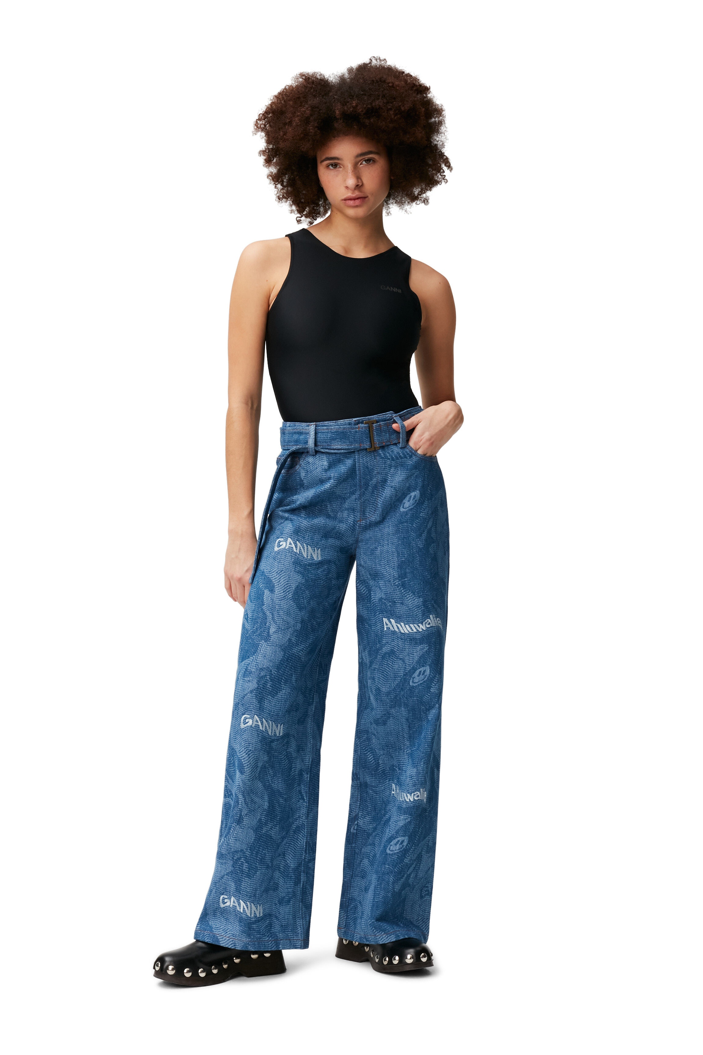 PRINTED LASER DENIM LASER DENIM EMBROIDED MID WAIST BELT PANTS - 2
