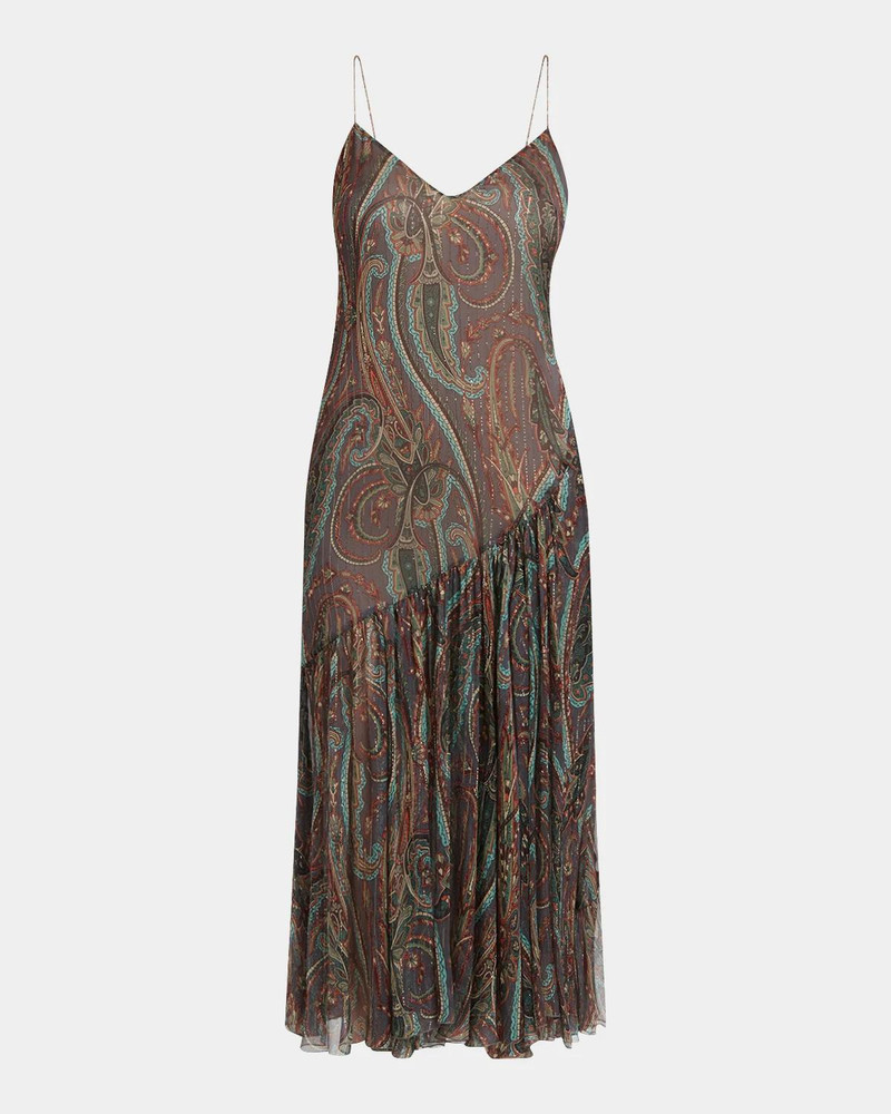 Metallic Paisley Silk Ruffle Midi Slip Dress 1