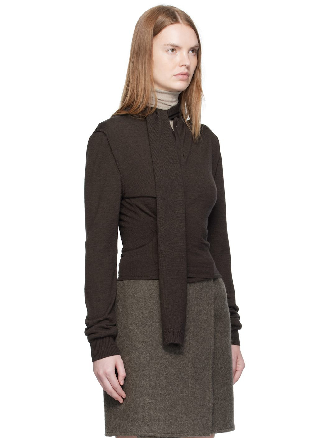 Brown Twisted Scarf Cardigan - 2