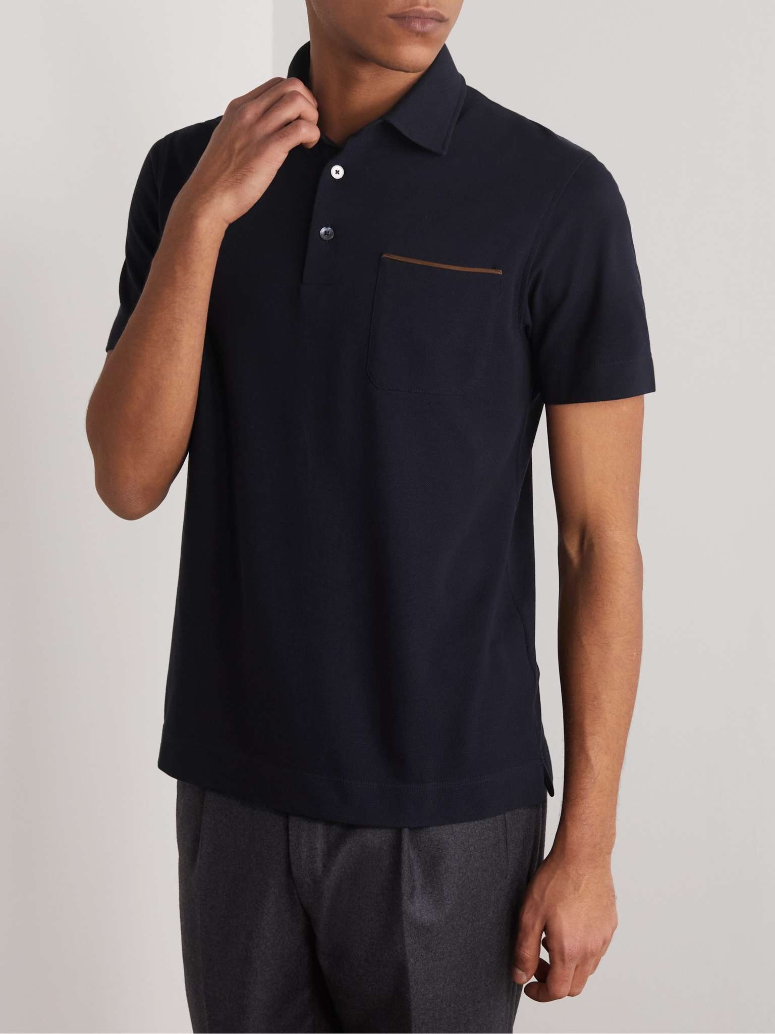 Leather-Trimmed Cotton-Piqué Polo Shirt - 7