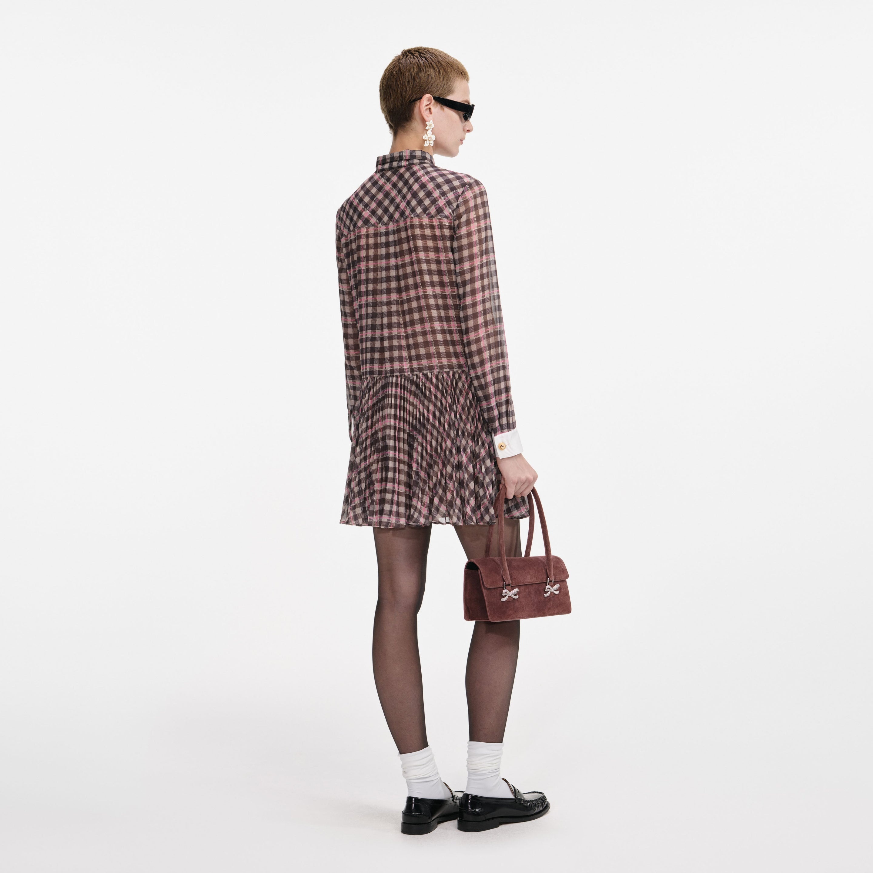Brown Check Chiffon Mini Dress - 3