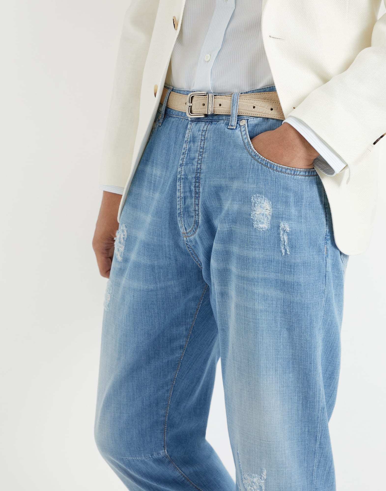 Lightweight old denim leisure fit five-pocket trousers with rips - 3