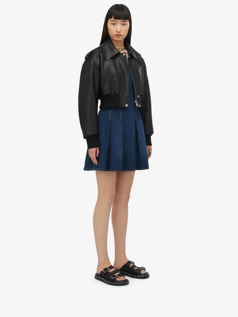 Women's Cropped Aviator Bomber Jacket in Black - 4