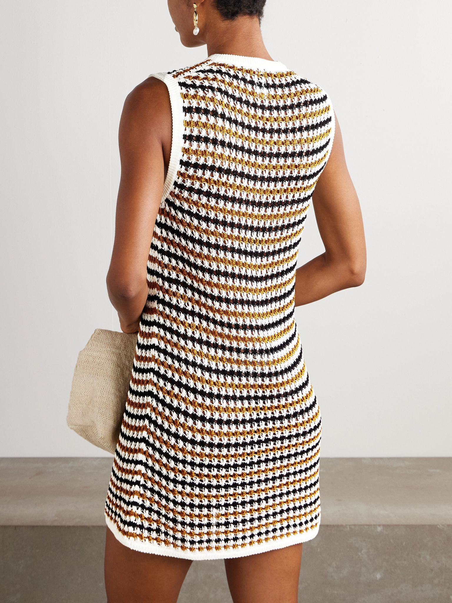 Tempo Inedite striped crocheted cotton-blend mini dress Yellow - 3