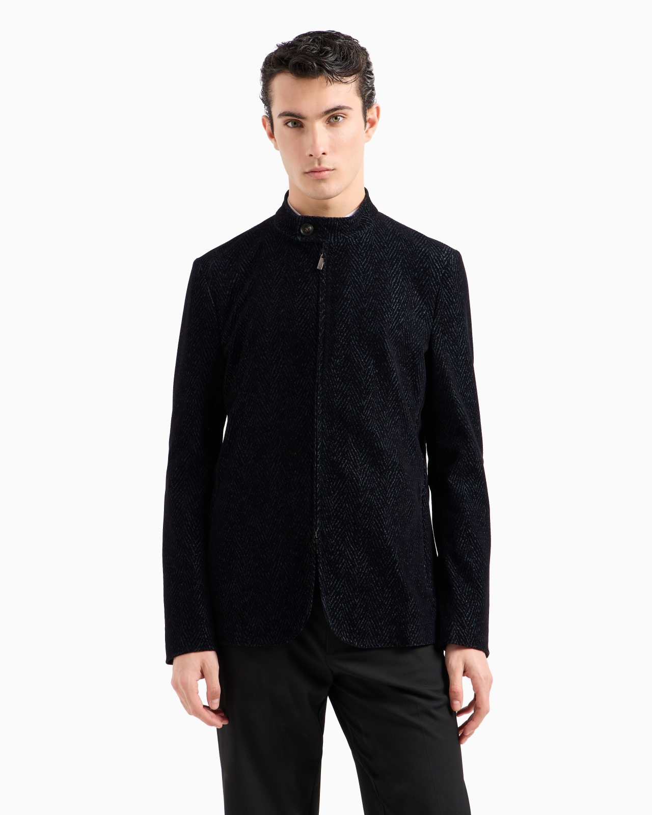 Guru-collared, zip-up mesh jacket with all-over chevron flock print - 2
